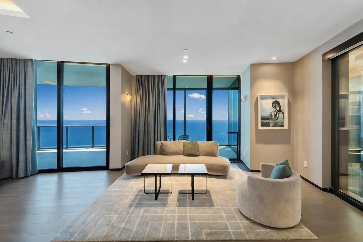 This sophisticated living room features a minimalist aesthetic with a neutral color palette and a curved sofa centered on a large, geometric-patterned area rug. The space is defined by expansive floor-to-ceiling windows that provide panoramic ocean views and flood the room with natural light. A modern armchair and two sleek, low-profile coffee tables complete the seating area, while a framed piece of art adds a touch of personality to the wall.