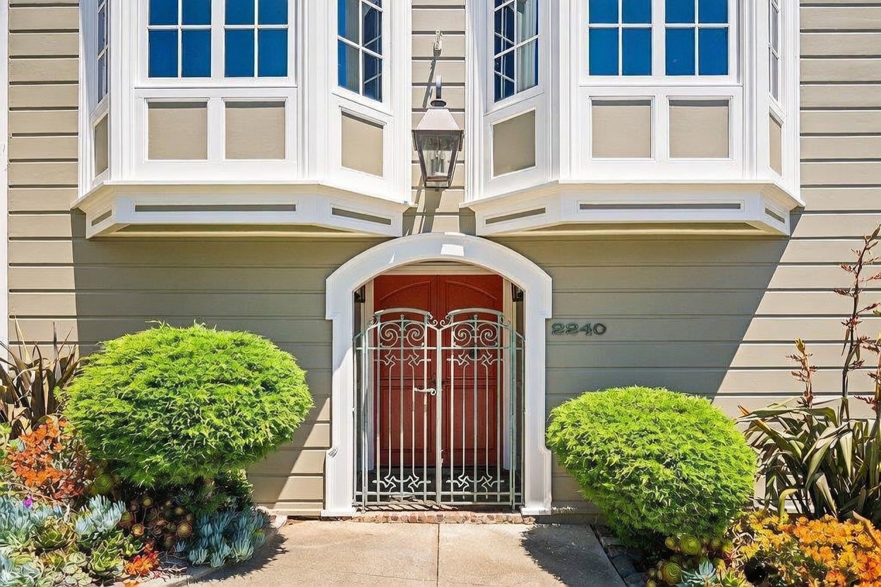 This front entryway features a striking red double door protected by an ornate, light-colored metal security gate. The entrance is framed by a classic arched white molding, set against light-toned horizontal siding and flanked by two symmetrical bay windows above. Lush, manicured landscaping with vibrant green shrubs and succulents adds a welcoming, well-maintained curb appeal to the home.