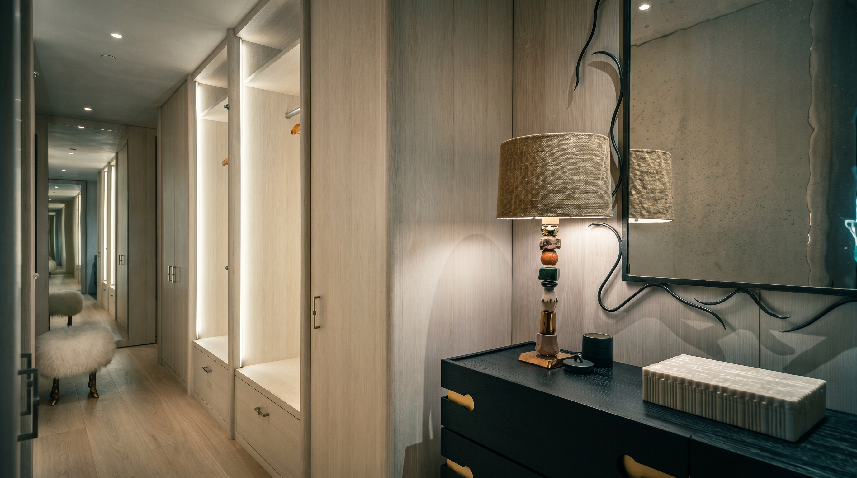 This sophisticated walk-in closet features light wood cabinetry with integrated vertical LED lighting, creating a bright and airy atmosphere. A dark, modern dresser with gold-toned hardware sits in the foreground, topped with a unique decorative lamp and a textured box. The perspective looks down a long, mirrored hallway that reflects the clean, minimalist aesthetic and high-end finishes of the space.