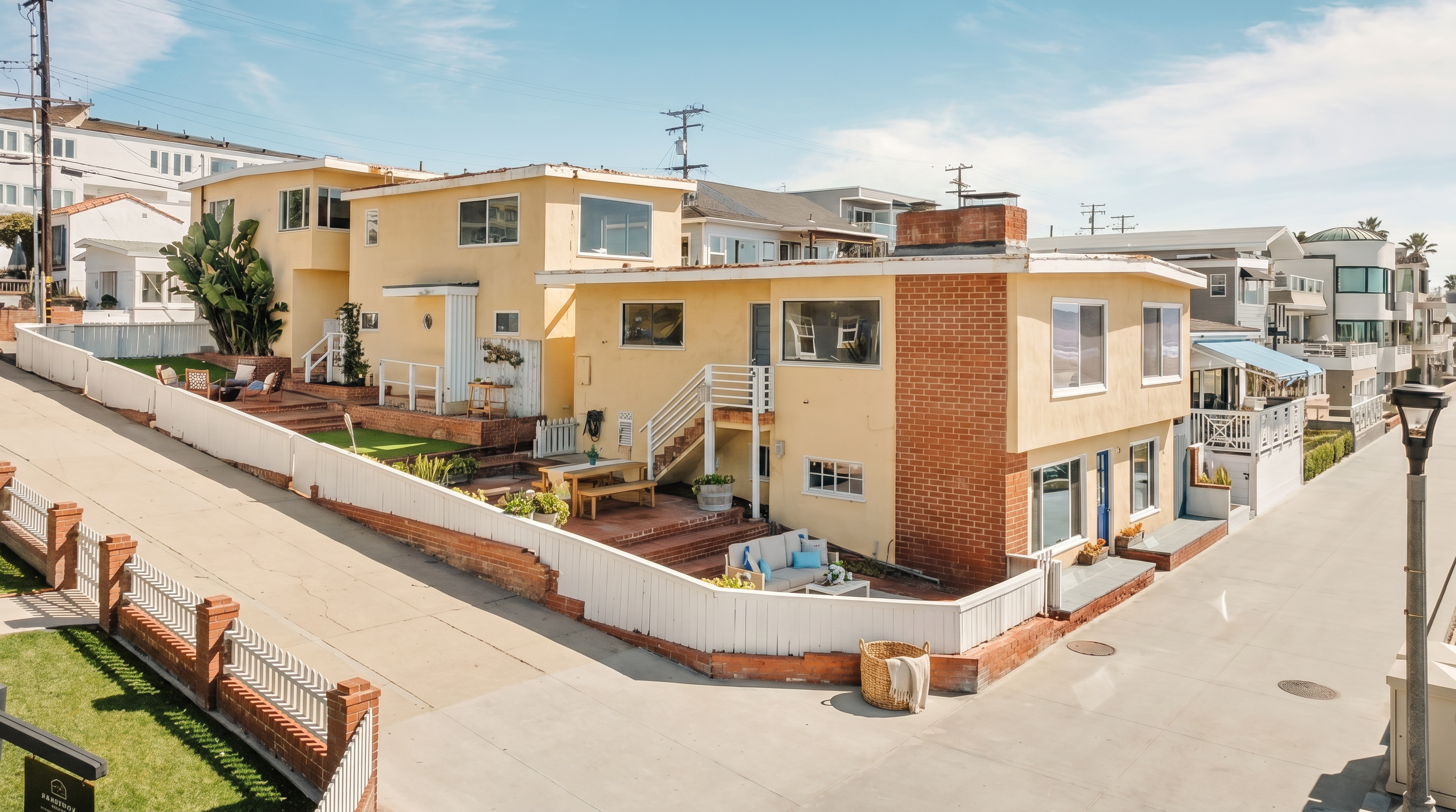 This elevated perspective captures a multi-level, light-yellow stucco residence situated on a corner lot in a coastal neighborhood. The property features a prominent brick-clad chimney breast, a private fenced patio area with outdoor seating, and a set of exterior stairs leading to an upper-level entrance. The scene is bathed in bright daylight, showcasing the home's proximity to the street and the surrounding residential architecture.