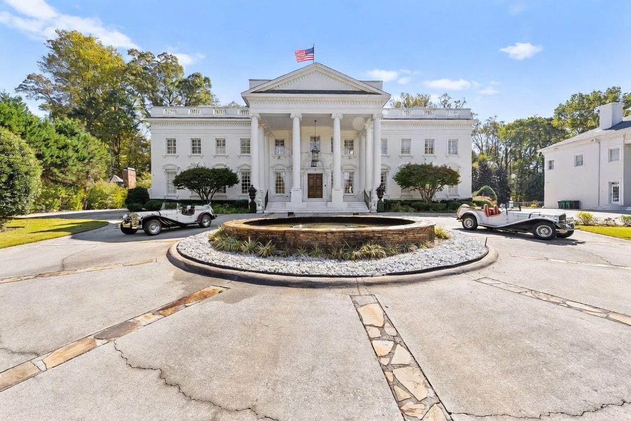 This grand, neoclassical-style estate features a symmetrical white facade with a prominent portico supported by tall columns. A circular stone fountain serves as the centerpiece of the expansive paved driveway, which is flanked by two vintage-style convertible cars. The property is surrounded by mature trees and lush landscaping, creating an imposing and stately first impression.