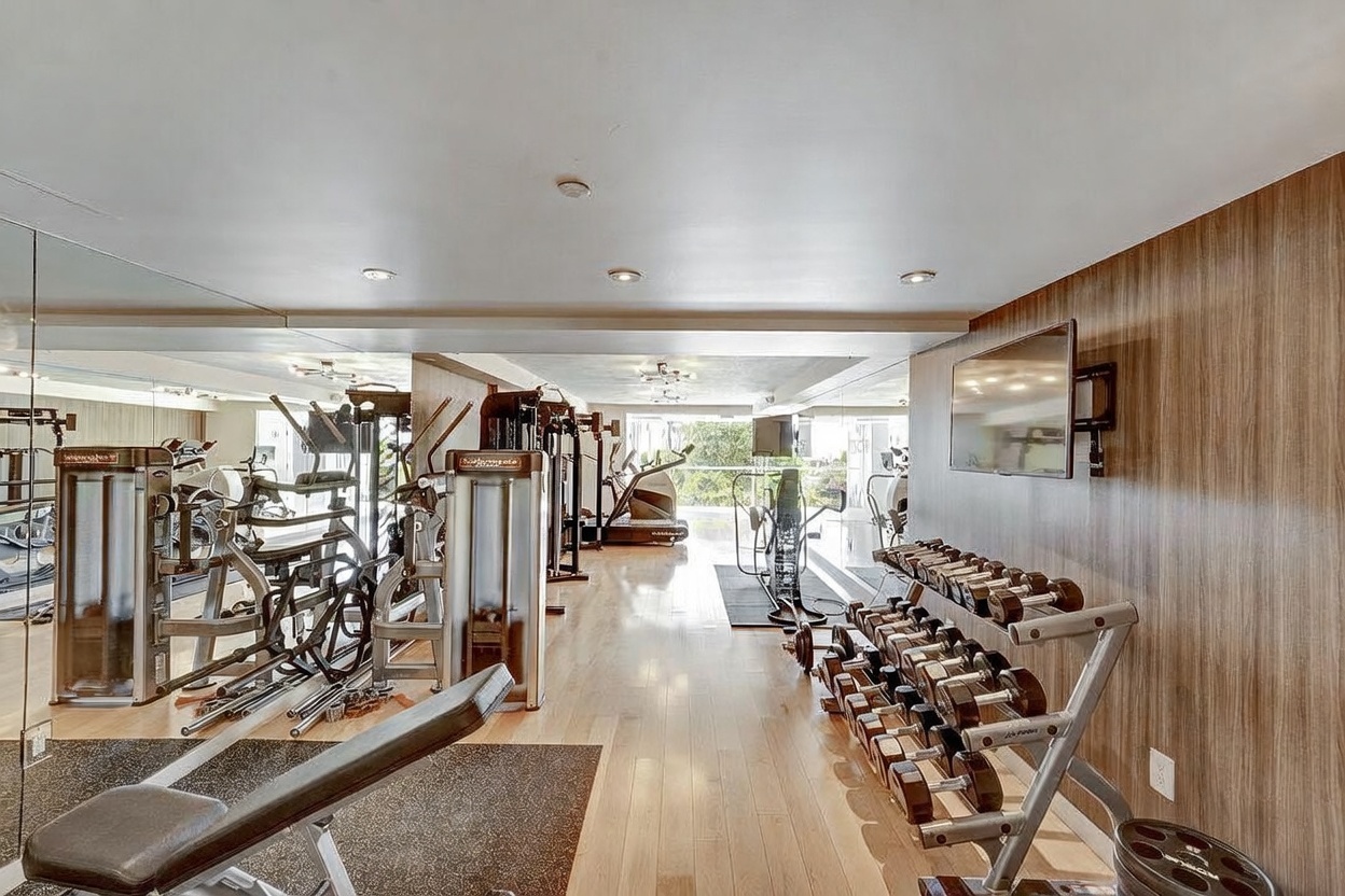 This well-equipped home gym features light wood flooring and a mirrored wall that enhances the sense of space. The room is furnished with various strength training machines, a weight rack with dumbbells, and a bench, all positioned for an efficient workout. A television is mounted on the wood-paneled wall, and the far end of the room opens to a bright, outdoor view through large glass doors.