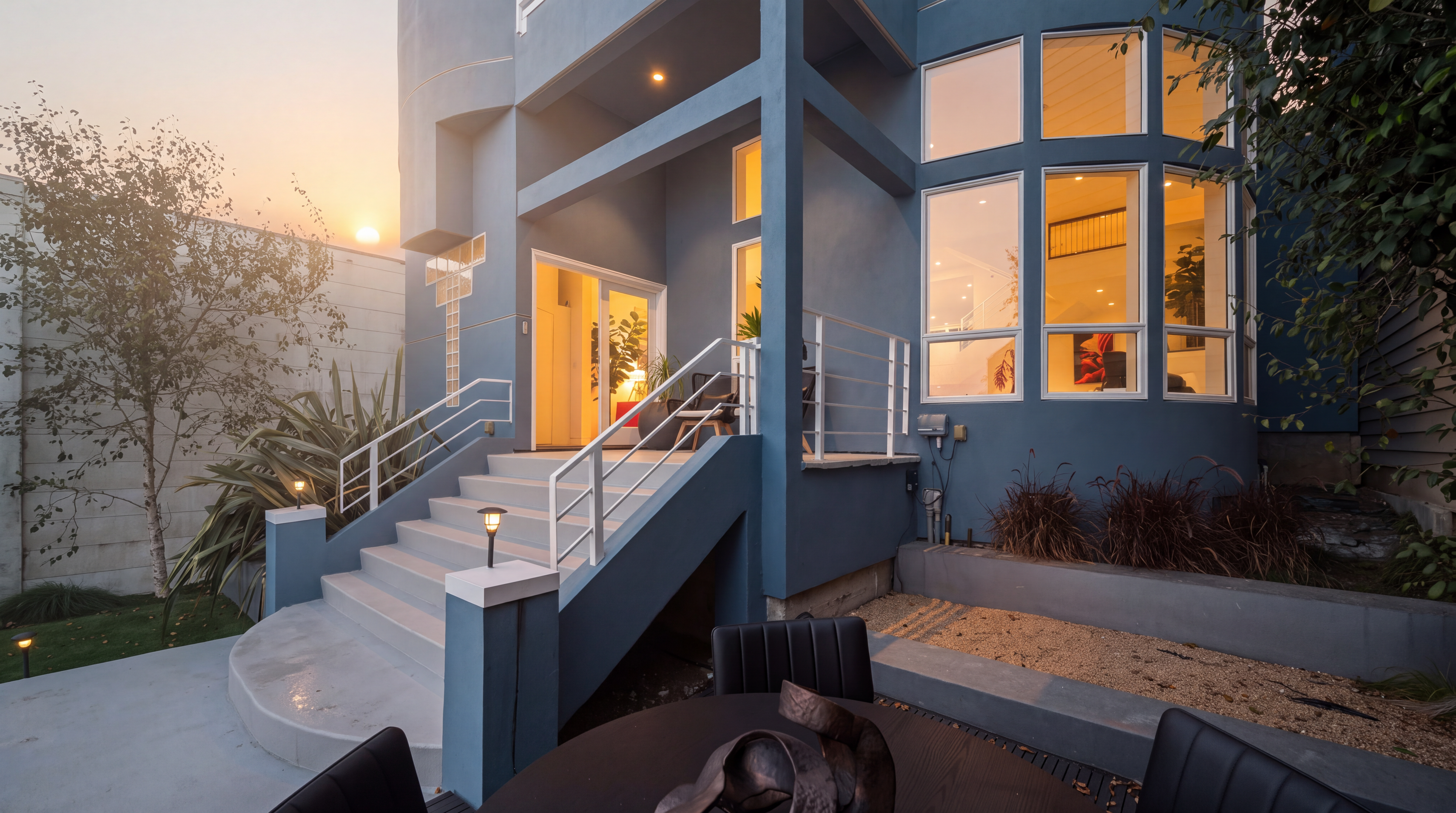 This exterior view captures the entryway of a modern blue-painted home, featuring a prominent staircase leading up to a glass-paneled front door. To the right, a series of large windows provides a glimpse into the interior, while a foreground patio area includes a dark circular table with modern chairs and a sculptural centerpiece. The scene is set during the golden hour, casting a warm glow on the building's facade and the surrounding landscaping.