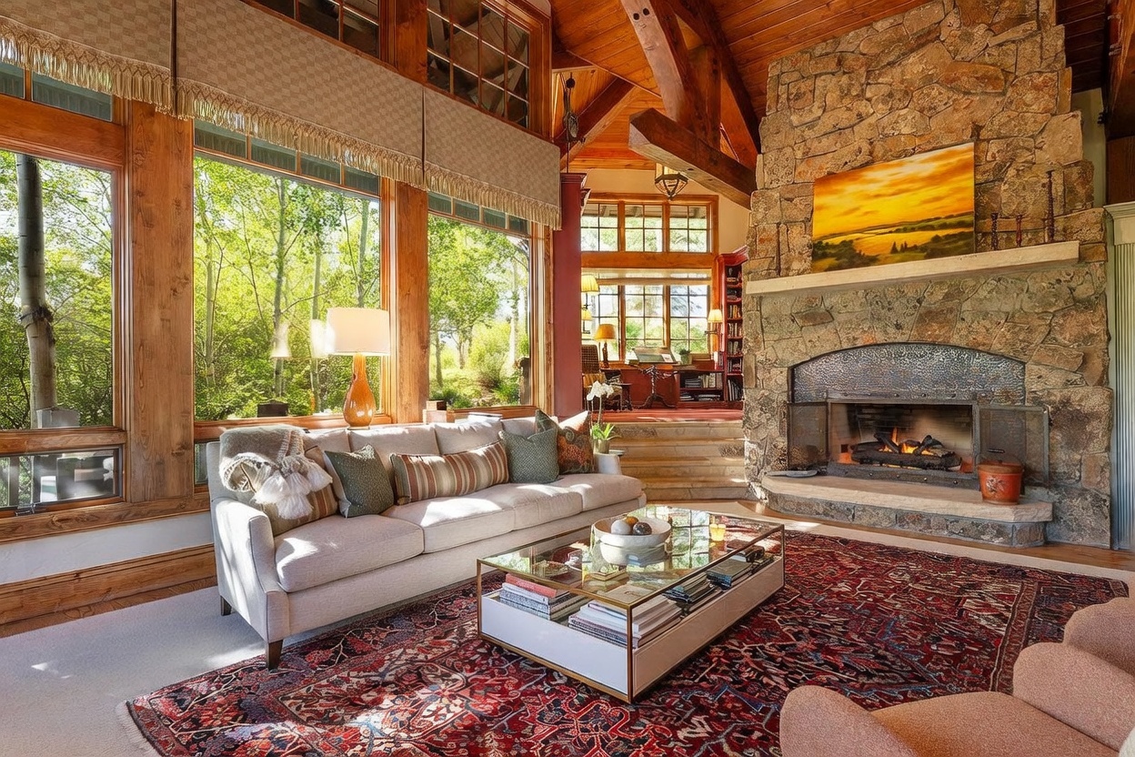 This inviting living room features a prominent stone-clad chimney breast and a large, comfortable sofa arranged around a glass-topped coffee table. The space is anchored by a vibrant, patterned area rug and illuminated by natural light streaming through expansive windows that overlook a lush, wooded landscape. A raised platform leads to an adjacent office area, highlighting the open, rustic-inspired architecture with exposed wooden beams.
