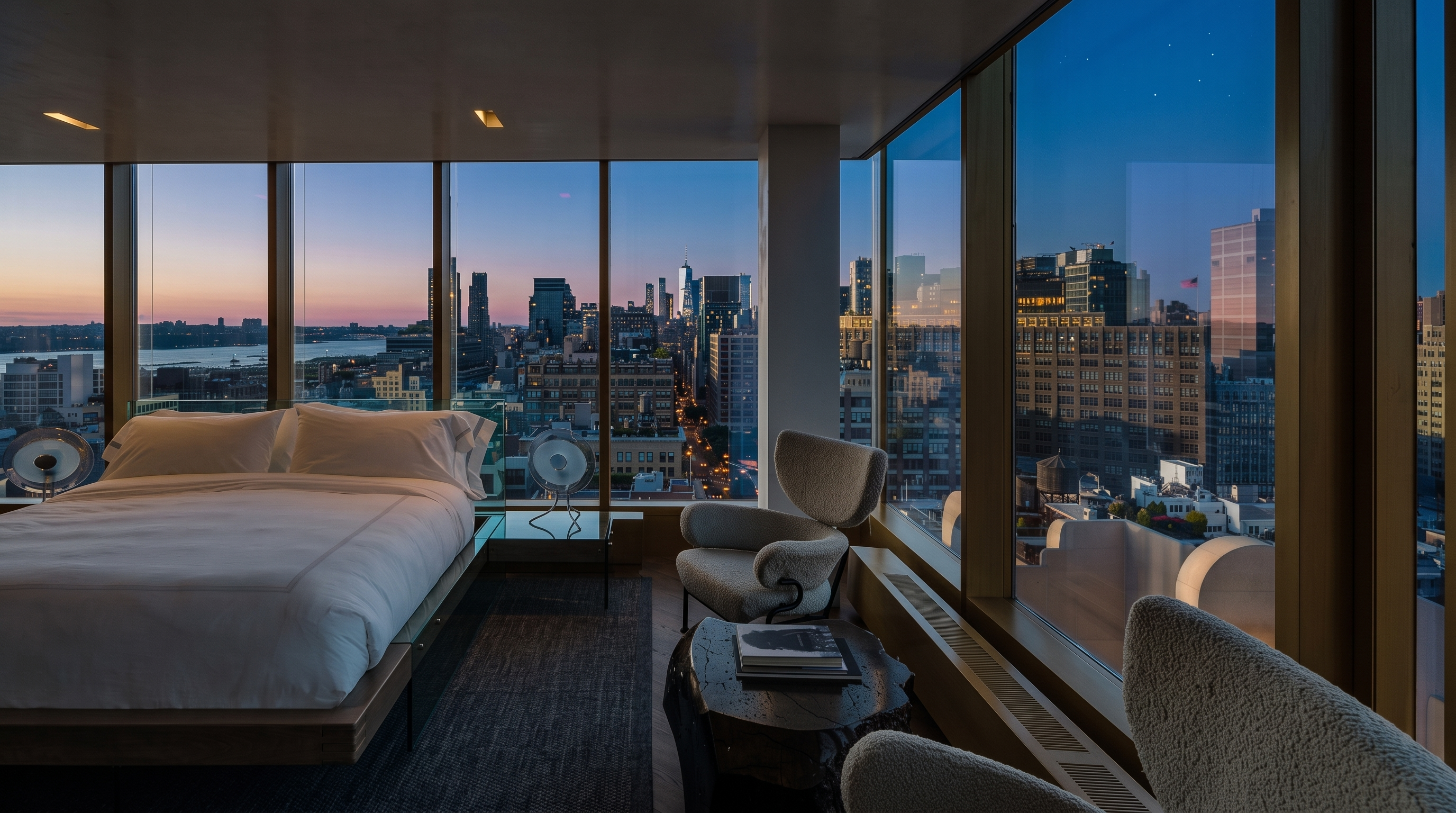 This sophisticated primary bedroom features floor-to-ceiling windows that offer an expansive, panoramic view of the city skyline and waterfront. The room is furnished with a minimalist bed frame, two textured armchairs, and a unique, organic-shaped dark wood coffee table set atop a dark grey area rug. The neutral color palette and clean lines create a serene, high-end atmosphere that emphasizes the dramatic urban backdrop.