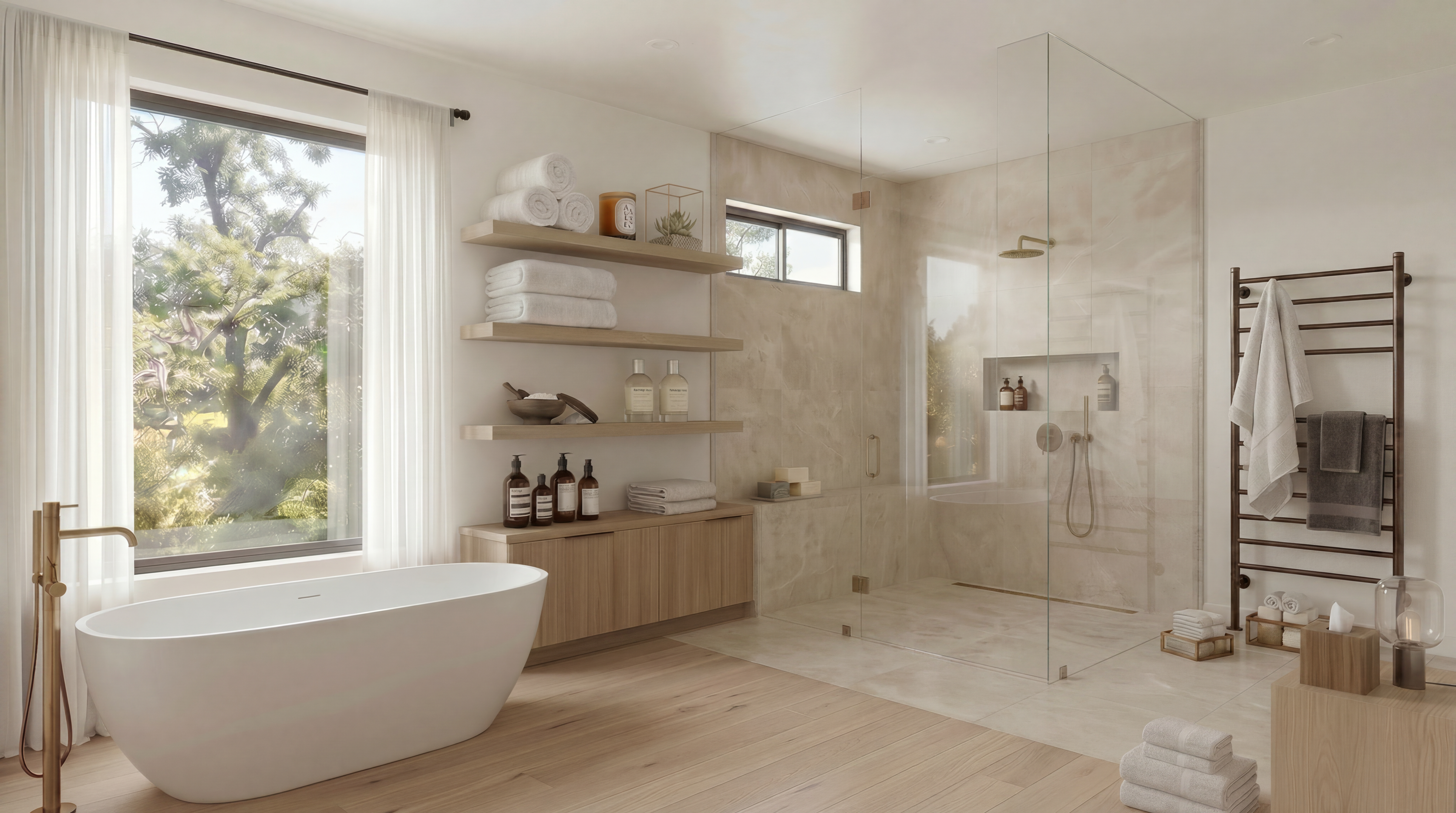 This luxurious primary bathroom showcases a spa-like aesthetic with a freestanding soaking tub, a large walk-in glass-enclosed shower featuring stone tile work, and warm wood cabinetry. The space is anchored by light-toned wood flooring and elevated by natural light streaming through a expansive picture window, creating a serene and cohesive design. With elegant gold fixtures and organized floating shelves, this room offers a sophisticated, modern retreat.