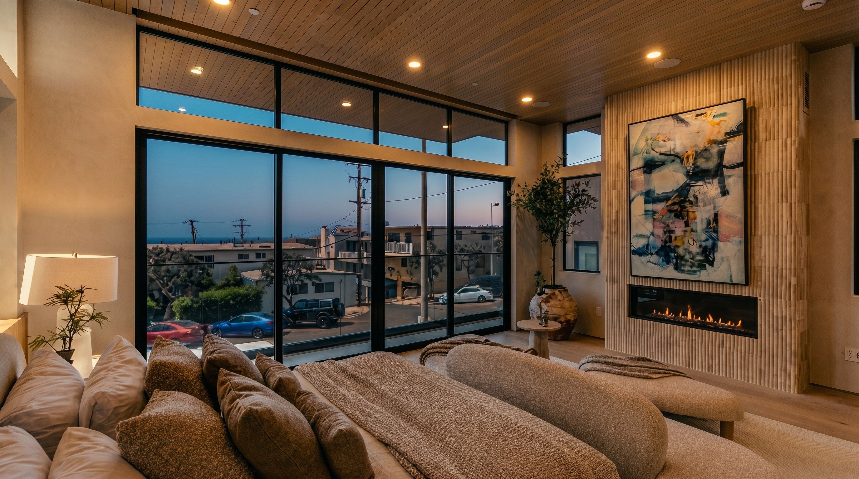 This primary bedroom features a contemporary design with a light wood-paneled ceiling and a large, textured stone-clad chimney breast housing a linear fireplace. A plush, neutral-toned bed sits in the foreground, while expansive glass sliding doors provide a clear view of the coastal neighborhood and ocean beyond. The room is accented by a potted plant and a piece of abstract art, creating a serene and sophisticated atmosphere.