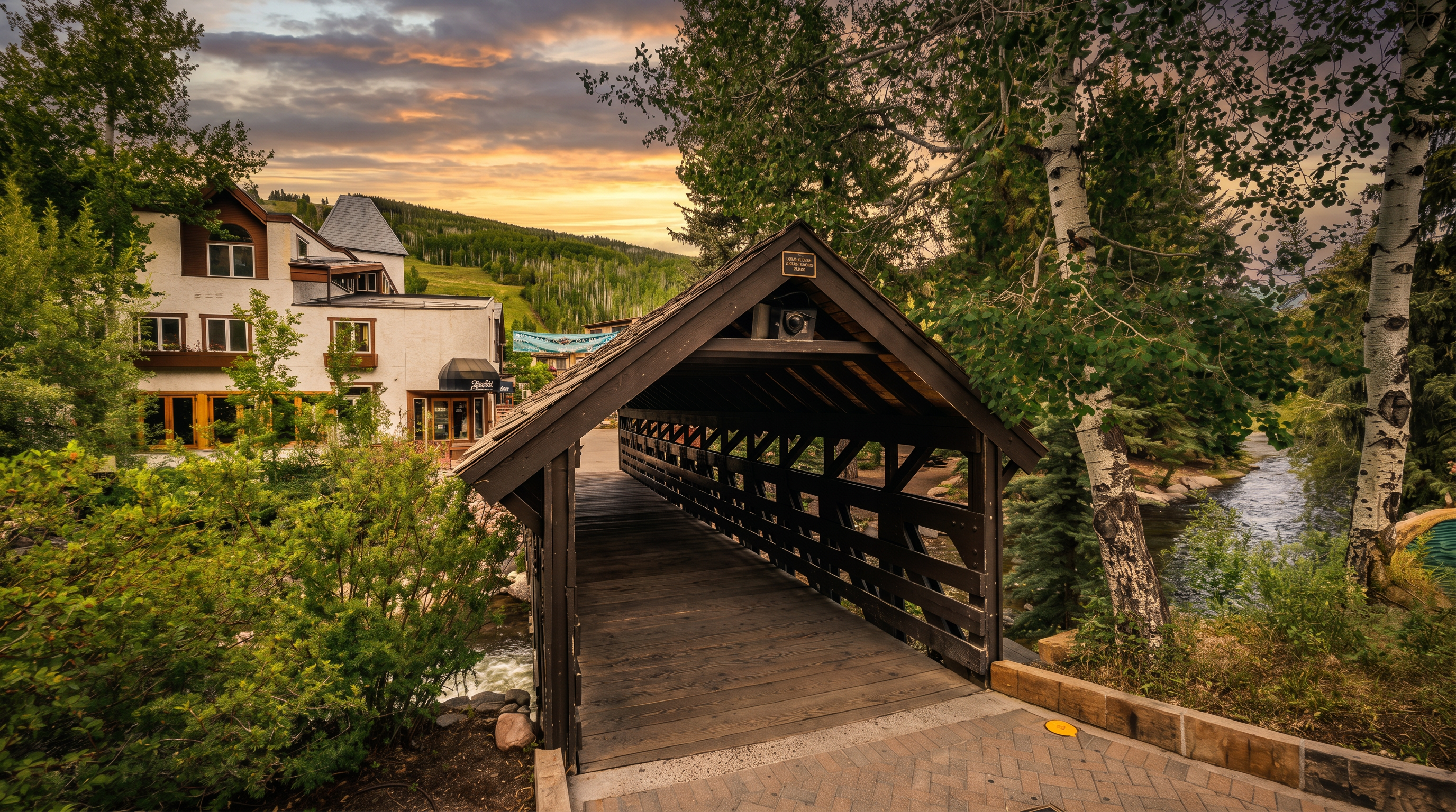 This image captures a charming, covered wooden footbridge that serves as a scenic pedestrian path, leading toward a multi-story building nestled against a lush, forested hillside. The bridge features a rustic timber frame design, while the surrounding landscape includes mature aspen trees and a flowing stream to the right. The perspective is eye-level, emphasizing the inviting transition from the paved foreground into the tranquil, nature-integrated community setting.