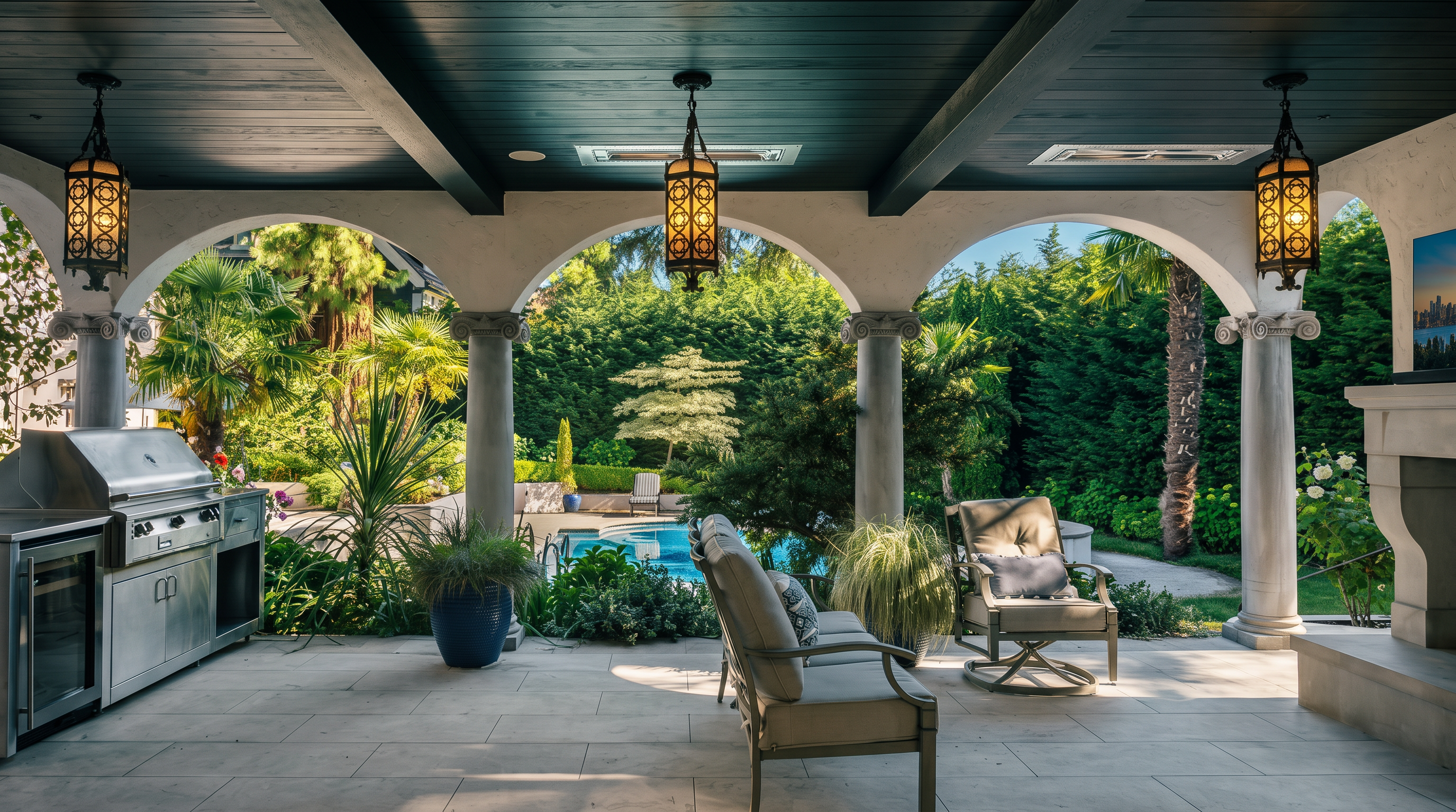 This elegant covered patio features a dark wood-paneled ceiling with recessed lighting and hanging lanterns, supported by classic columns. The space is furnished with a comfortable seating area and a stainless steel outdoor kitchen, all overlooking a lush backyard with a swimming pool. The open-air design creates a seamless transition between the indoor living area and the serene garden environment.