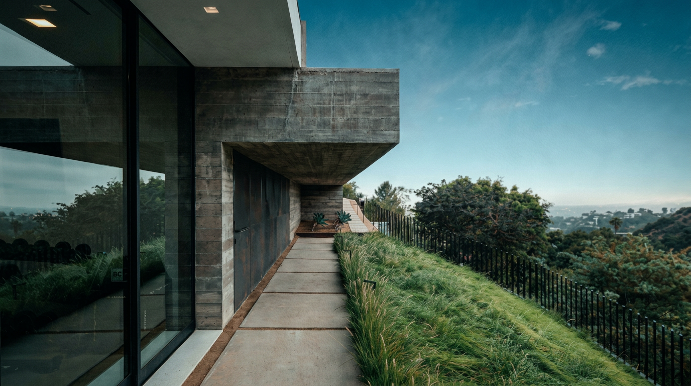This modern architectural side view showcases a sleek concrete structure with expansive floor-to-ceiling glass windows. A minimalist concrete walkway leads along the side of the house, bordered by a lush grassy slope and a black metal fence that overlooks a scenic hillside landscape. The perspective emphasizes the clean lines and contemporary design of the home, creating a sophisticated and serene atmosphere.