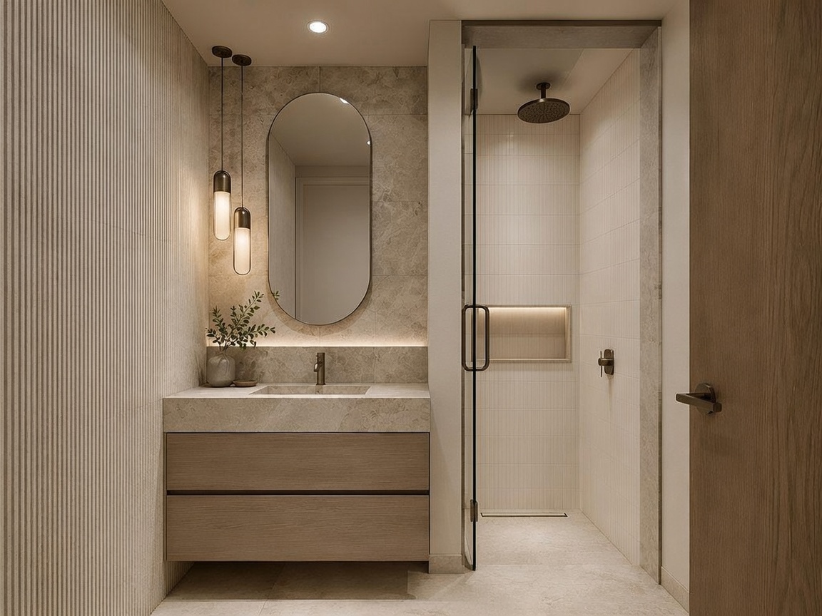 This modern bathroom features a floating vanity with light wood cabinetry and a stone countertop, complemented by a sleek oval mirror and dual pendant lights. To the right, a glass-enclosed walk-in shower is finished with light-toned wall tiles and includes a built-in recessed niche. The space is defined by its clean lines, neutral color palette, and sophisticated, minimalist aesthetic.