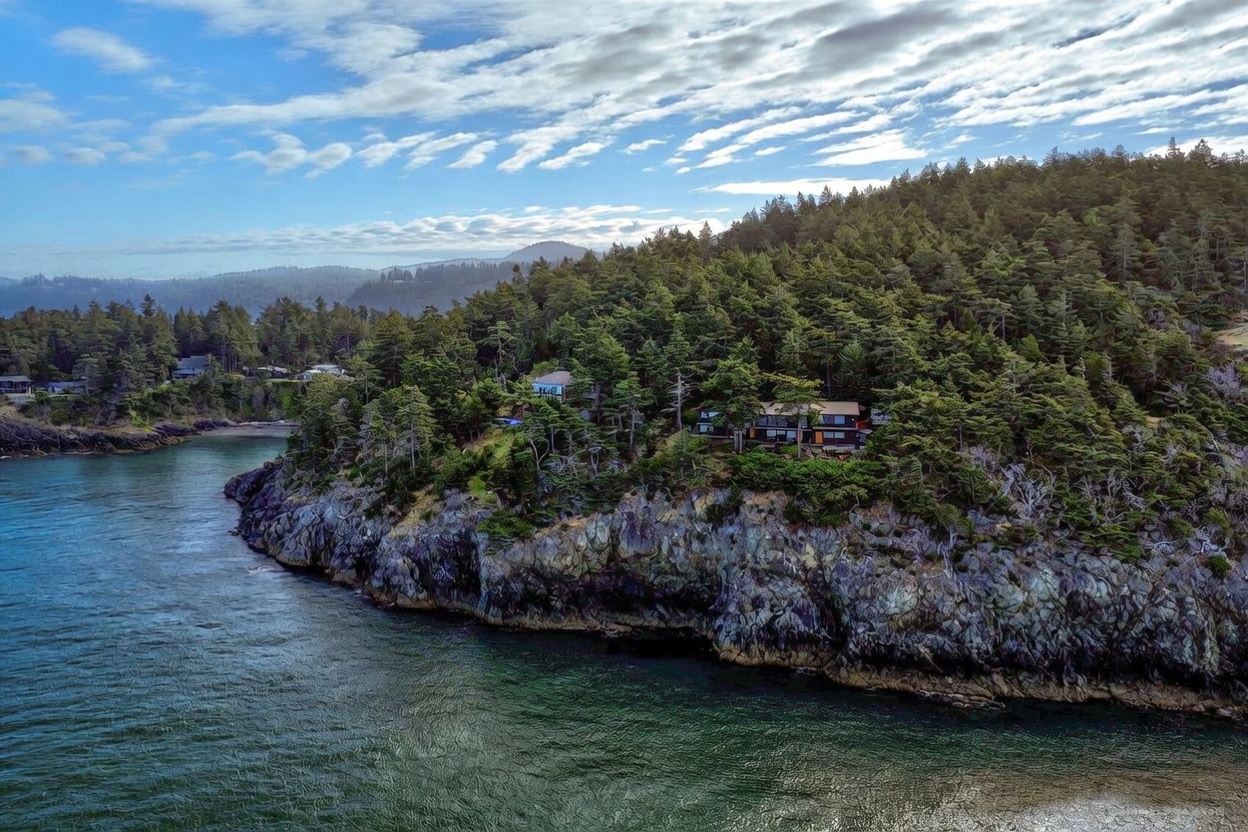 This aerial perspective captures a secluded coastal property perched atop a rugged, rocky cliff overlooking the ocean. The home is nestled within a dense forest of evergreen trees, emphasizing its private and serene location. The dramatic shoreline and expansive water view highlight the unique, elevated positioning of the residence.