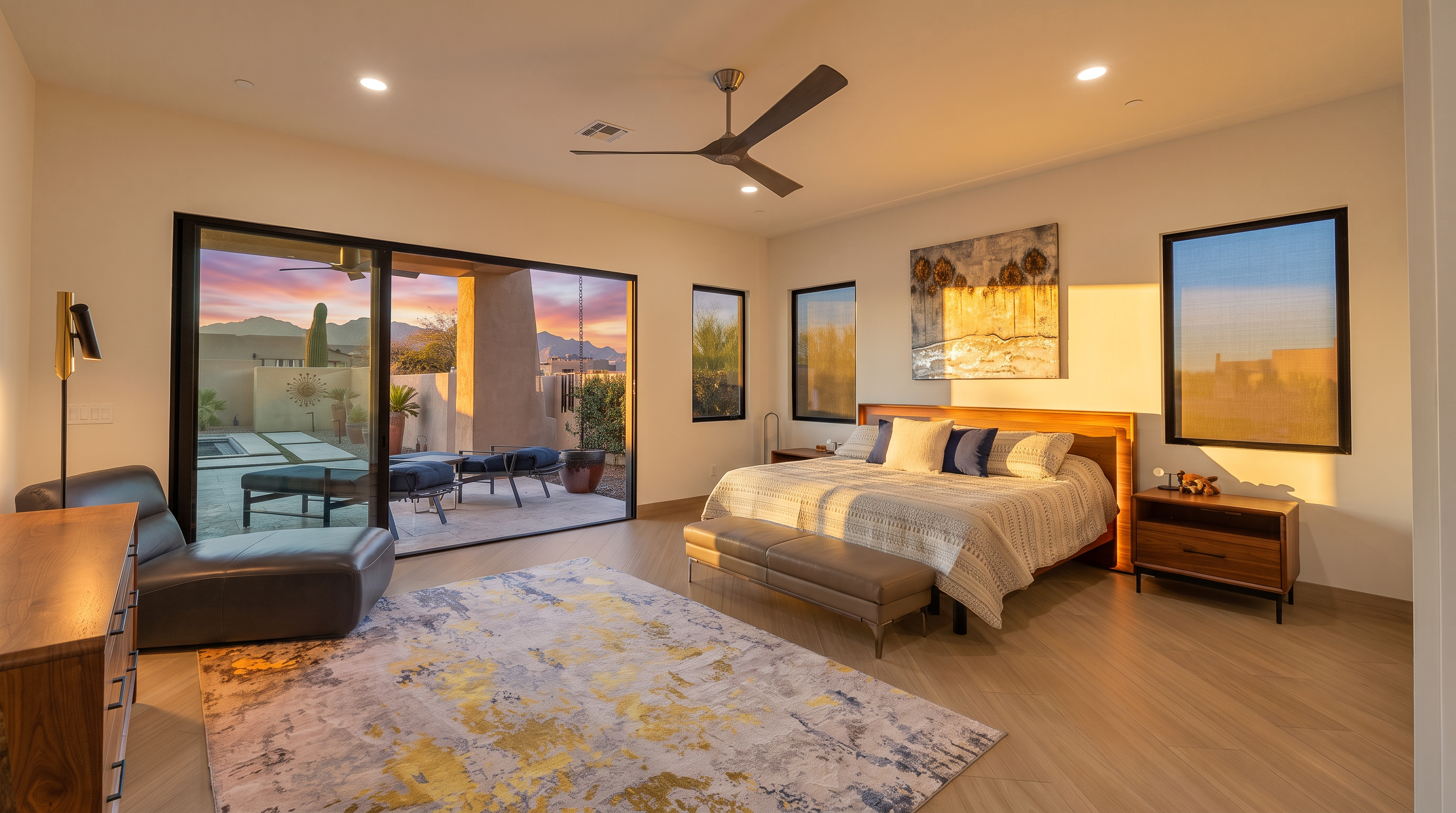 This spacious primary bedroom features light wood-look flooring and a large area rug with a yellow and grey abstract pattern. A king-sized bed with a backlit headboard serves as the focal point, flanked by two windows and a wooden nightstand. Large sliding glass doors open to a patio, providing a seamless transition to the outdoor space and desert views.