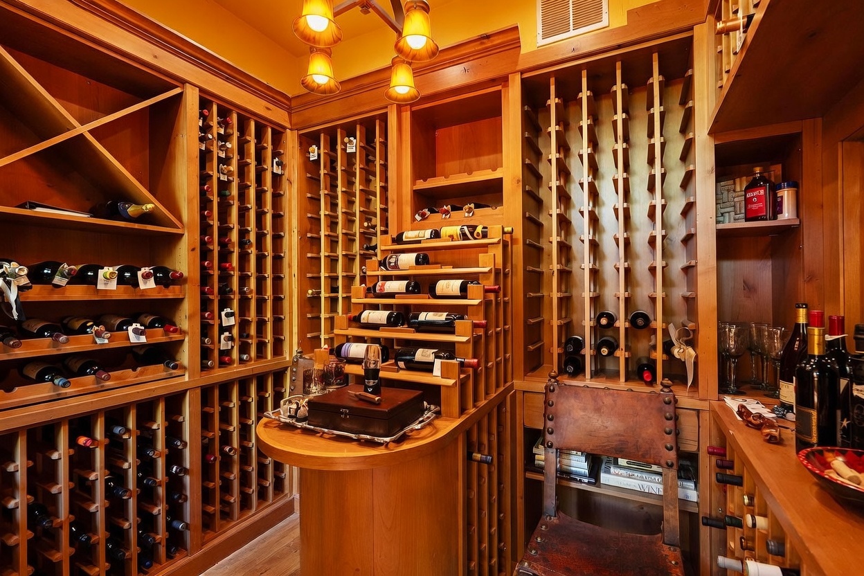 This custom-built wine cellar features extensive wood shelving and racking systems designed to store a large collection of wine bottles. A central wooden tasting table sits in the foreground, accompanied by a leather-upholstered chair, creating an intimate and sophisticated atmosphere. The warm lighting from the overhead fixtures highlights the rich wood tones and the organized display of the wine collection.
