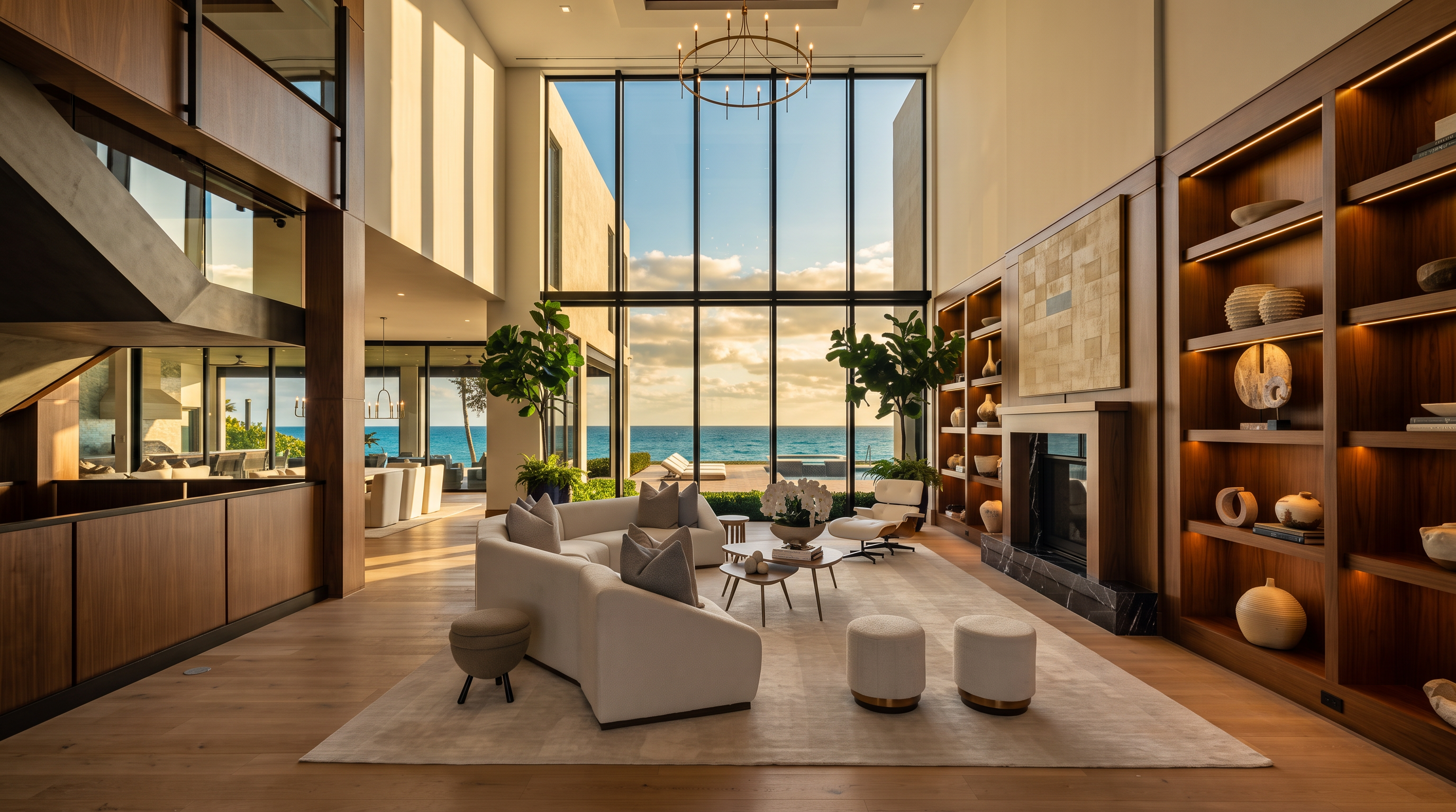 This expansive, double-height living room features a dramatic wall of floor-to-ceiling windows that frame a panoramic ocean view. The space is anchored by a large, curved white sofa, a central coffee table arrangement, and a fireplace with a dark stone surround. Built-in wood shelving units flank the fireplace, while the open-concept layout flows seamlessly toward a dining area and the outdoor terrace.