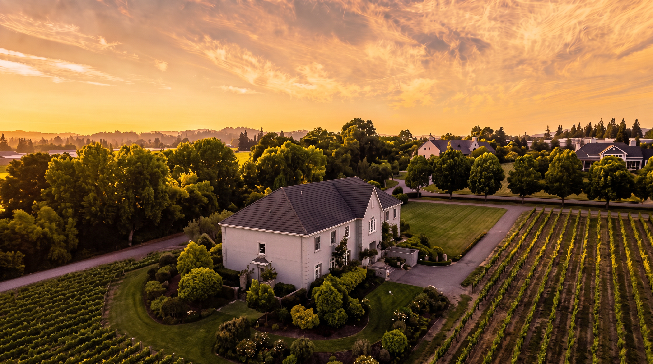 This stunning aerial view captures a sophisticated multi-story residence nestled within a vast vineyard property during a dramatic sunset. The property features manicured lawns, lush surrounding foliage, and a well-defined driveway leading to the home, which boasts elegant architectural lines and a dark tiled roof. The serene setting and expansive landscape emphasize the property's privacy and premium lifestyle appeal.
