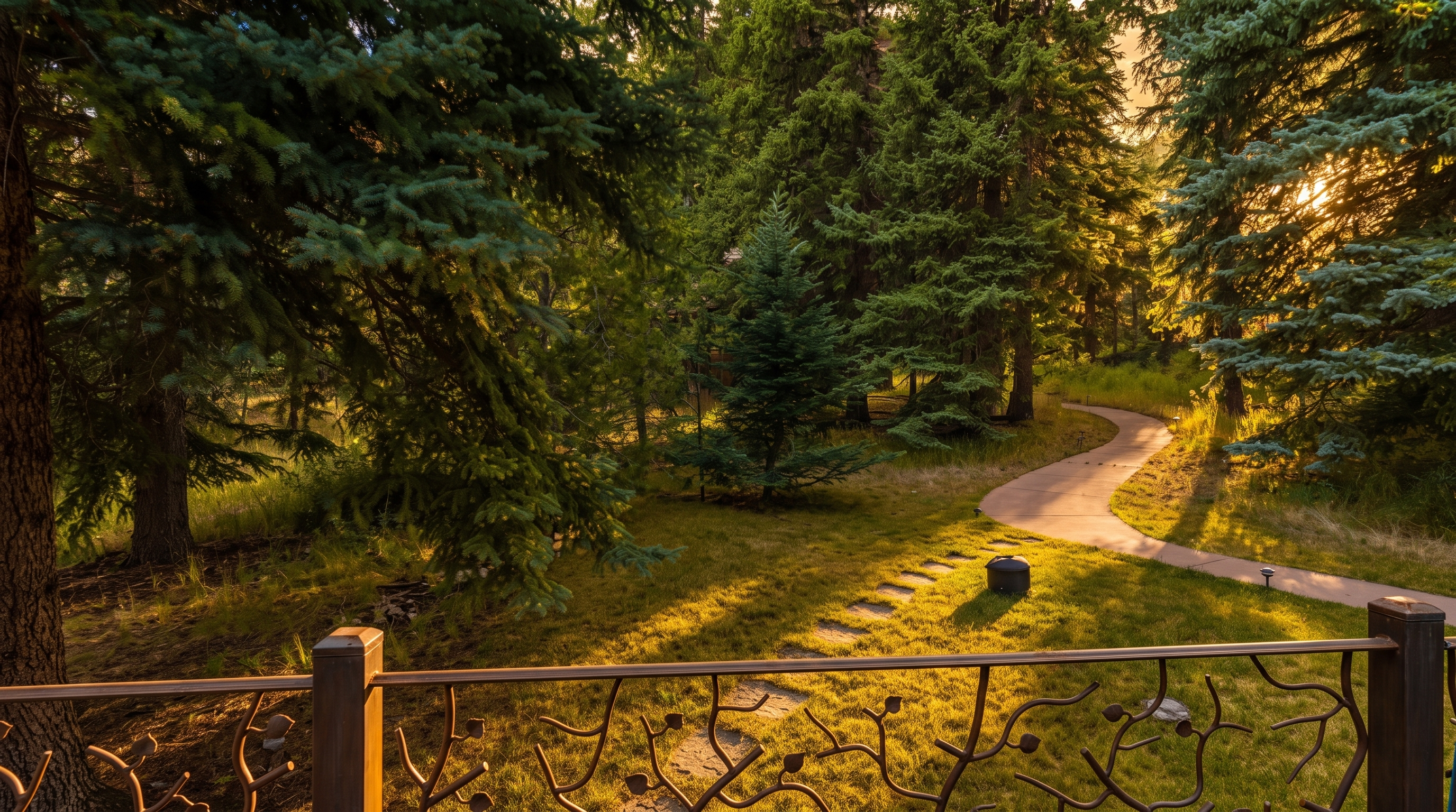 This view is captured from an elevated deck, looking out over a lush, wooded backyard. A decorative metal railing with organic, branch-like detailing frames the foreground, while a stone pathway winds through the grass toward the dense forest. The scene offers a serene and private atmosphere, emphasizing the natural beauty of the surrounding landscape.
