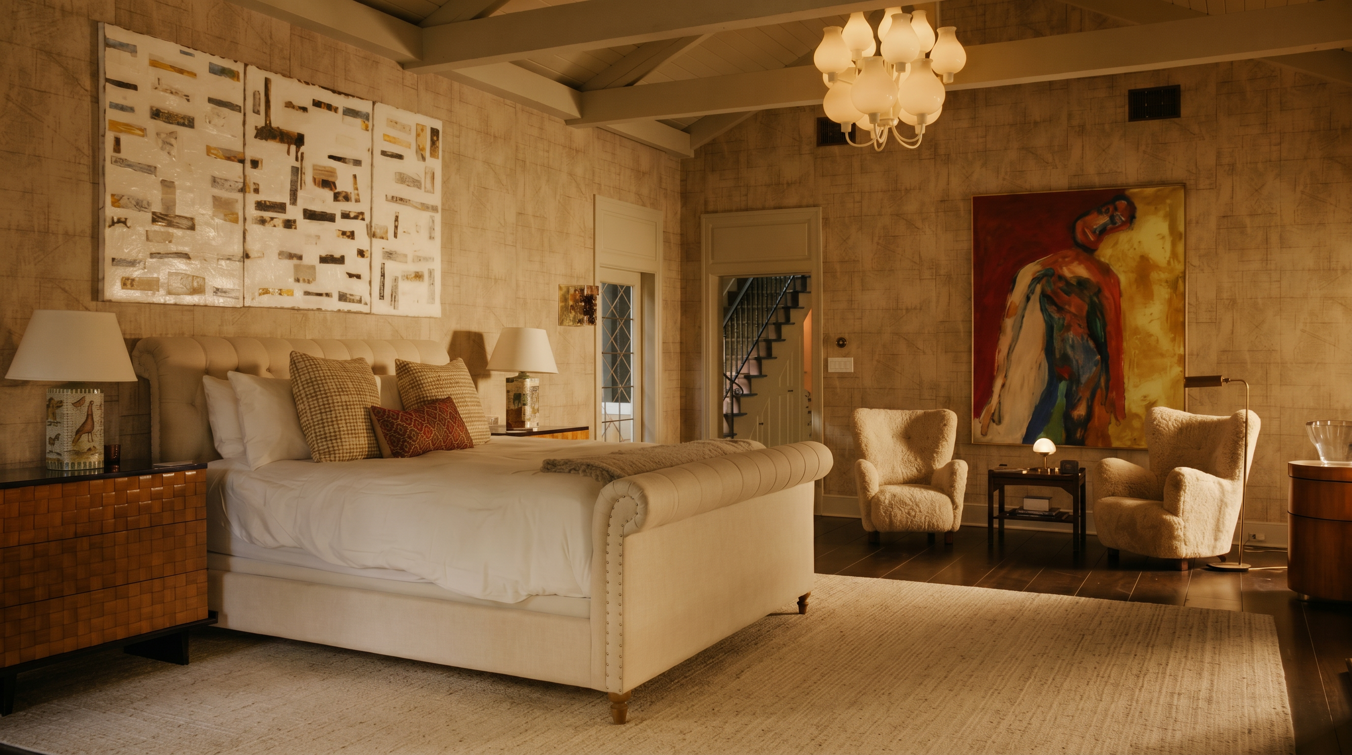 This spacious primary bedroom features a sophisticated, neutral color palette with textured wallpaper and vaulted ceilings with exposed beams. The room is anchored by a large, tufted upholstered bed and complemented by two cozy armchairs arranged near a striking piece of abstract art. The warm lighting from the chandelier and bedside lamps creates an inviting and luxurious atmosphere.