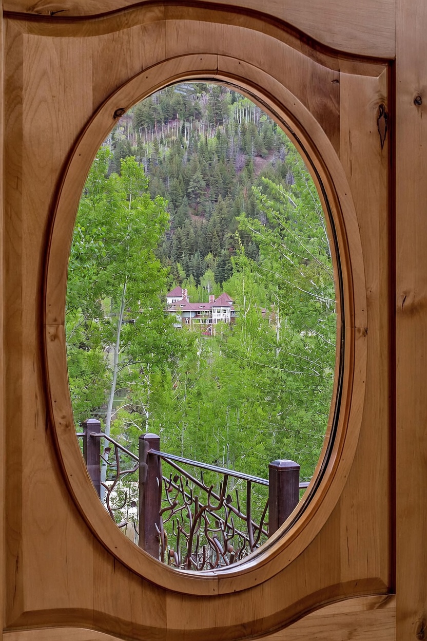 This image captures a view through an oval-shaped window set within a warm-toned wooden door frame. The perspective looks out onto a lush, green forest landscape with a large, multi-story building nestled among the trees in the distance. A decorative metal railing with organic, branch-like detailing is visible in the foreground, adding a rustic and artistic touch to the view.