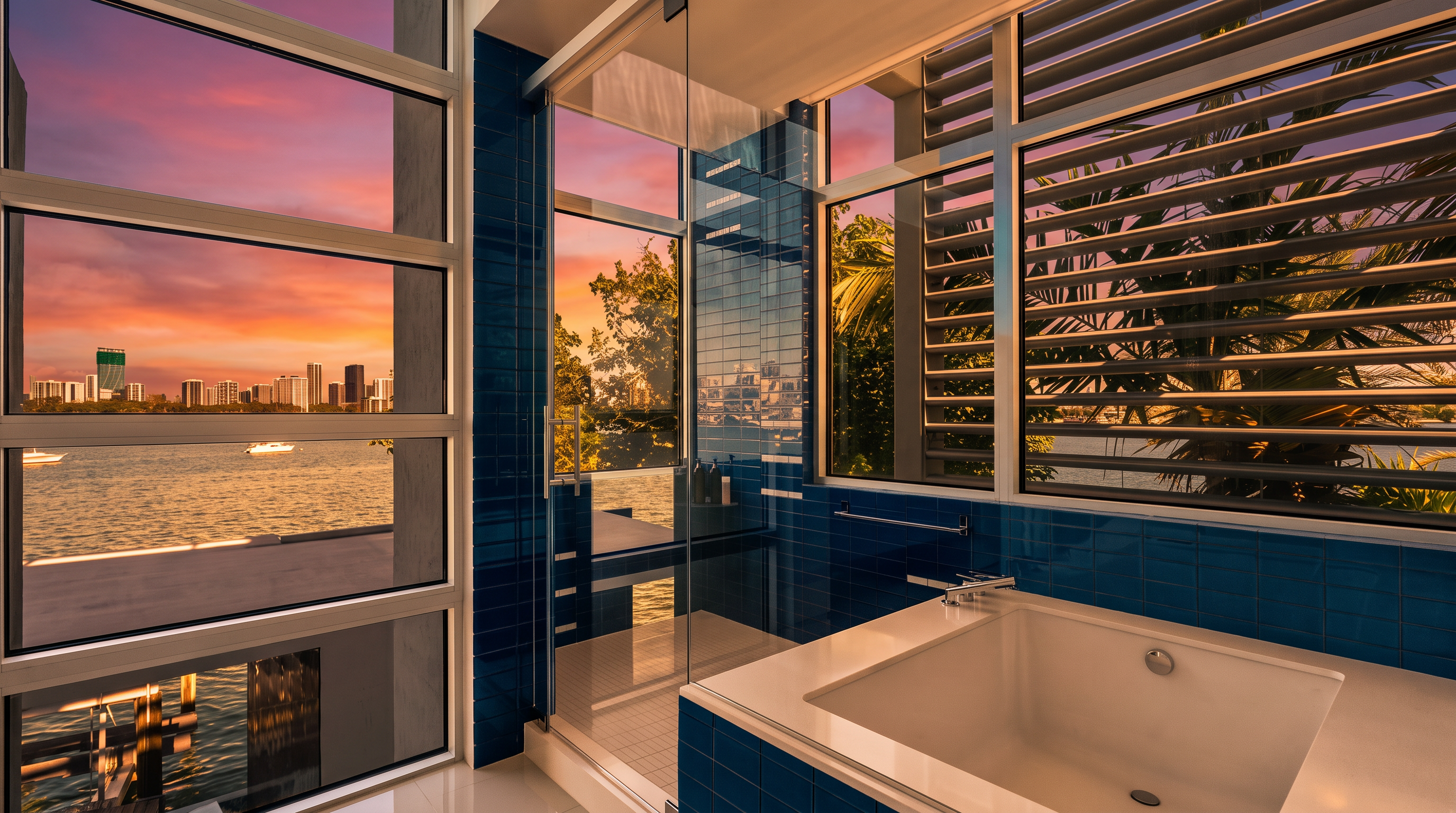 This modern bathroom features a deep soaking tub set against a vibrant blue tiled wall, complemented by a glass-enclosed walk-in shower. Large windows provide expansive, unobstructed views of the water and distant city skyline, creating a bright and airy atmosphere. The clean lines and bold color palette offer a sophisticated, contemporary aesthetic.