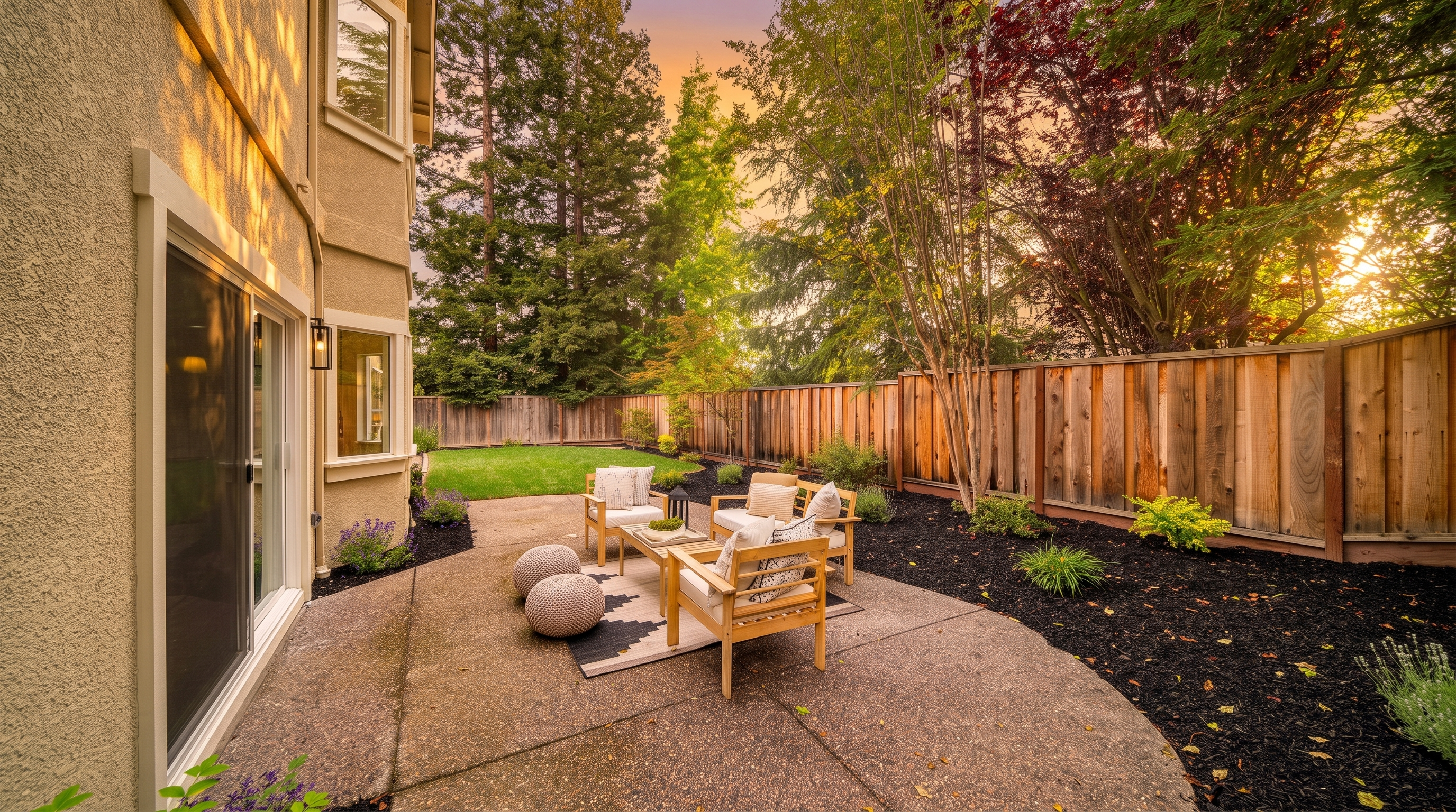This backyard features a spacious concrete patio furnished with a light wood seating set and two round ottomans atop a patterned outdoor rug. The area is bordered by dark mulch beds with various shrubs and plants, leading to a small patch of green lawn and a tall wooden privacy fence. The perspective captures the transition from the home's exterior wall and sliding glass doors to the inviting outdoor living space.