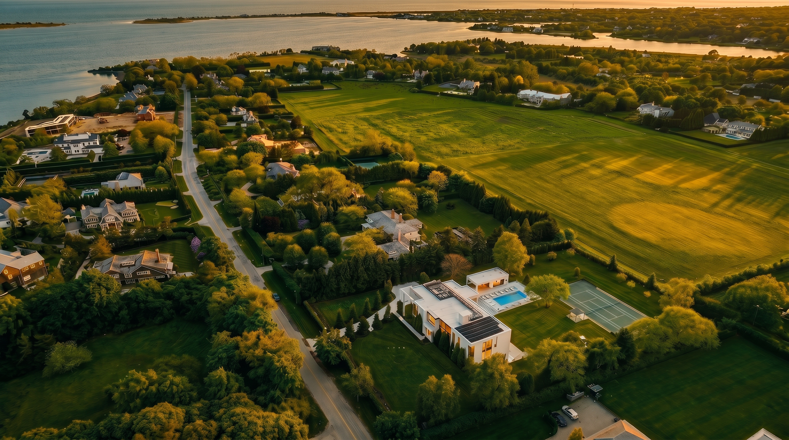 This high-angle aerial perspective captures a sprawling coastal estate featuring a modern, white-walled residence with a flat roof and integrated solar panels. The property includes a private swimming pool, a tennis court, and expansive manicured lawns, all bordered by lush greenery and mature trees. The surrounding landscape showcases a serene rural setting with a nearby body of water, emphasizing the property's secluded and luxurious atmosphere.