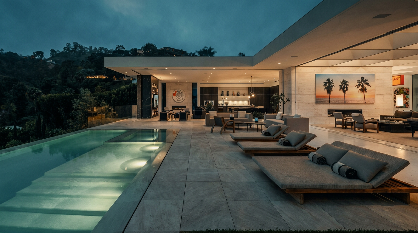 This stunning contemporary luxury estate features an expansive indoor-outdoor living space that seamlessly transitions to a sleek, infinity-edge swimming pool. The patio is furnished with modern lounge chairs and comfortable seating areas, all set against a backdrop of lush hillside views at twilight. The architecture emphasizes clean lines, open floor plans, and high-end finishes, creating an atmosphere of sophisticated relaxation.