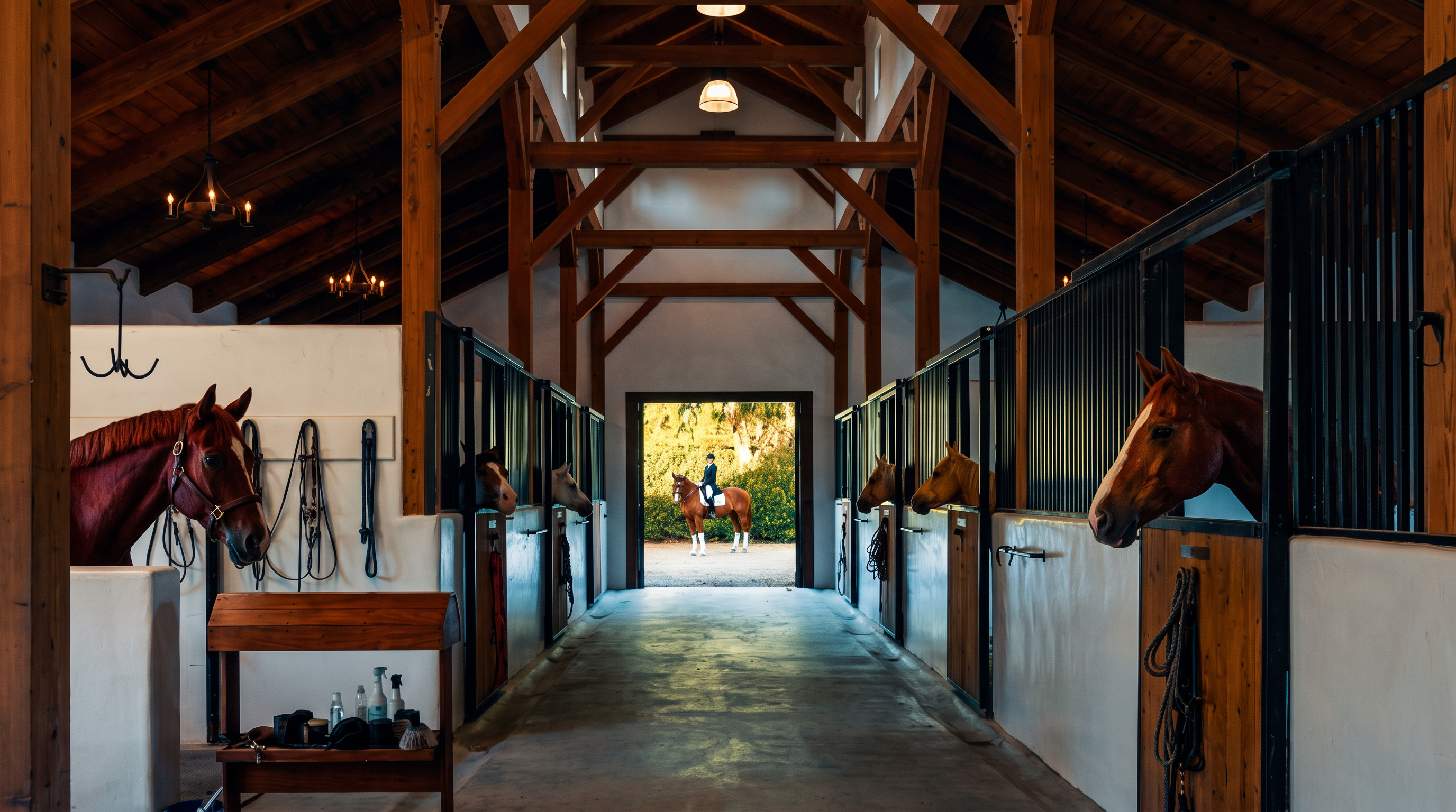 This image captures the interior of a well-maintained horse stable, featuring a central aisle with stalls on either side. The structure showcases exposed wooden beams and trusses, creating a rustic and airy atmosphere, while a person on horseback is visible through the open doorway at the end of the aisle. A wooden saddle rack stands in the foreground, and various bridles are neatly hung on the wall, emphasizing the functional and professional nature of the equestrian facility.