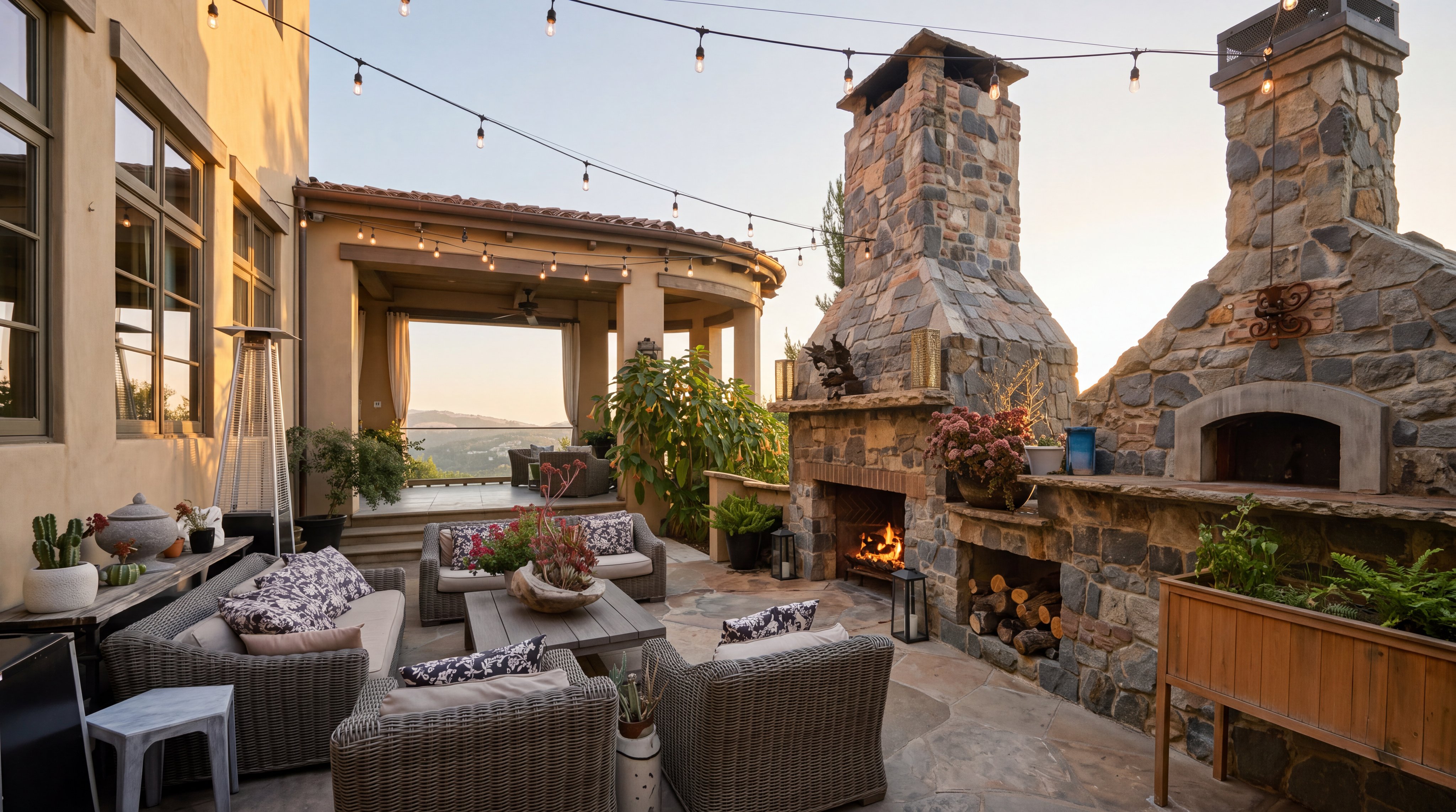 This expansive outdoor patio features a rustic stone fireplace and a built-in stone pizza oven, creating an ideal space for al fresco dining and entertaining. The area is furnished with comfortable wicker seating and a wooden coffee table, all set against a backdrop of a covered veranda and scenic hillside views. String lights overhead add a warm, inviting ambiance to this well-appointed outdoor living space.