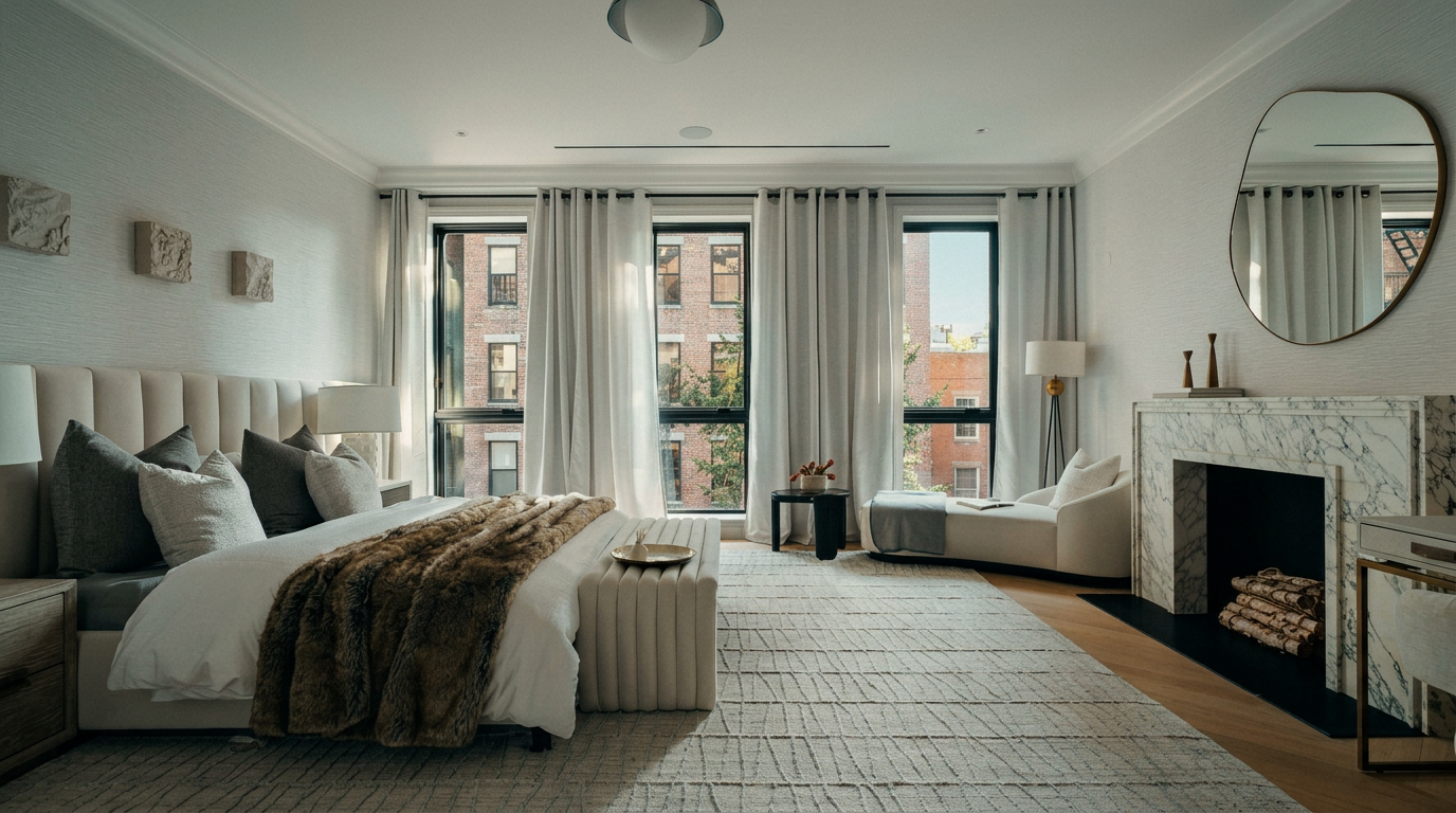 This luxurious primary bedroom features a sophisticated neutral color palette, highlighted by a plush bed with a faux-fur throw and a marble fireplace. Large windows draped in elegant curtains allow natural light to fill the space, while a modern, organic-shaped mirror adds a contemporary touch above the mantel. The room exudes a serene and high-end atmosphere, perfectly balanced by the textured area rug and minimalist decor.