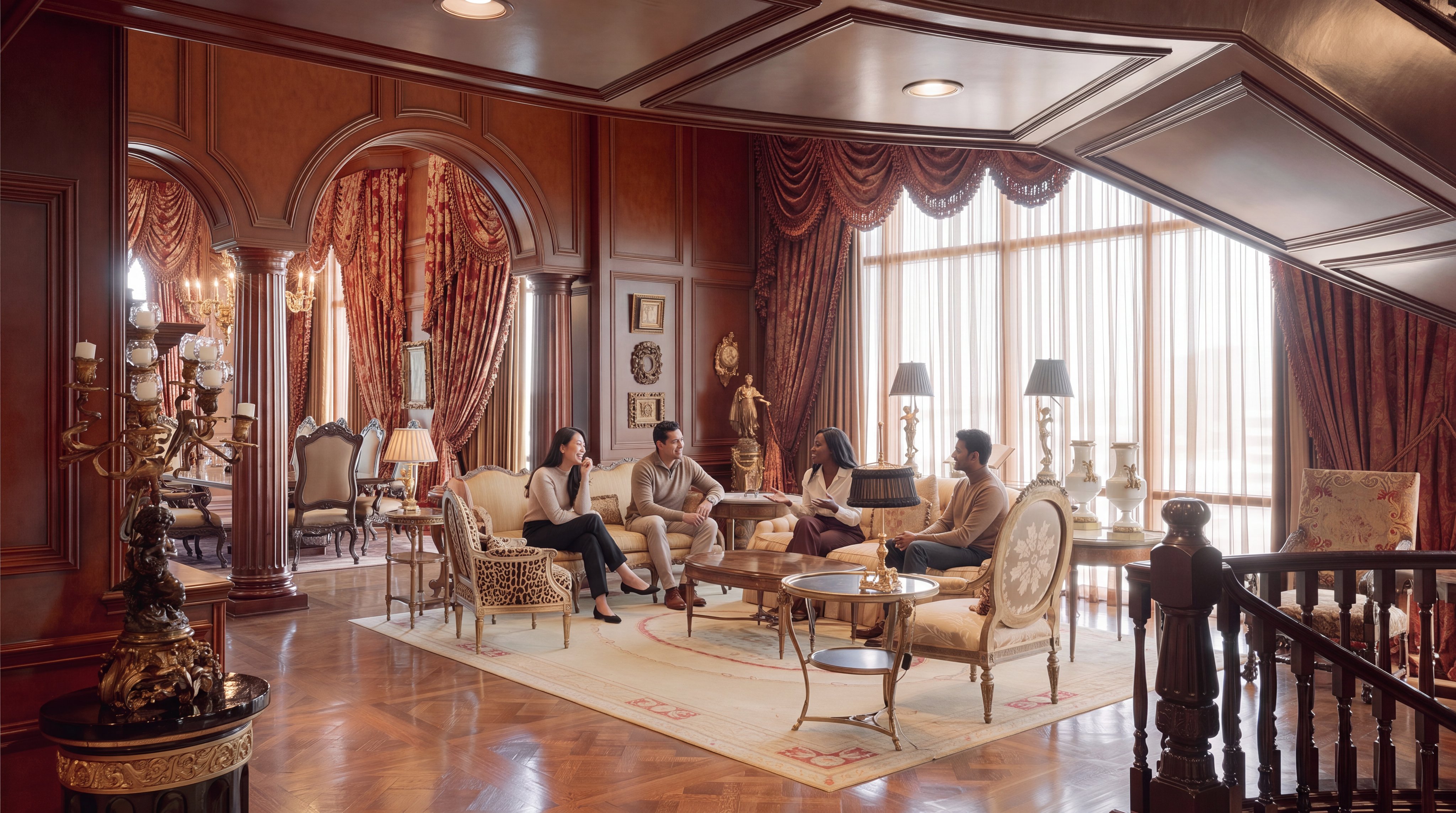 This opulent living room features rich, dark wood paneling, intricate coffered ceilings, and a polished herringbone-patterned wood floor. The space is furnished with elegant, traditional-style seating, including a tufted sofa and ornate chairs, arranged on a large area rug. Large windows draped in heavy, decorative fabric curtains allow natural light to fill the room, which also includes a view into an adjacent dining area through a grand arched opening.
