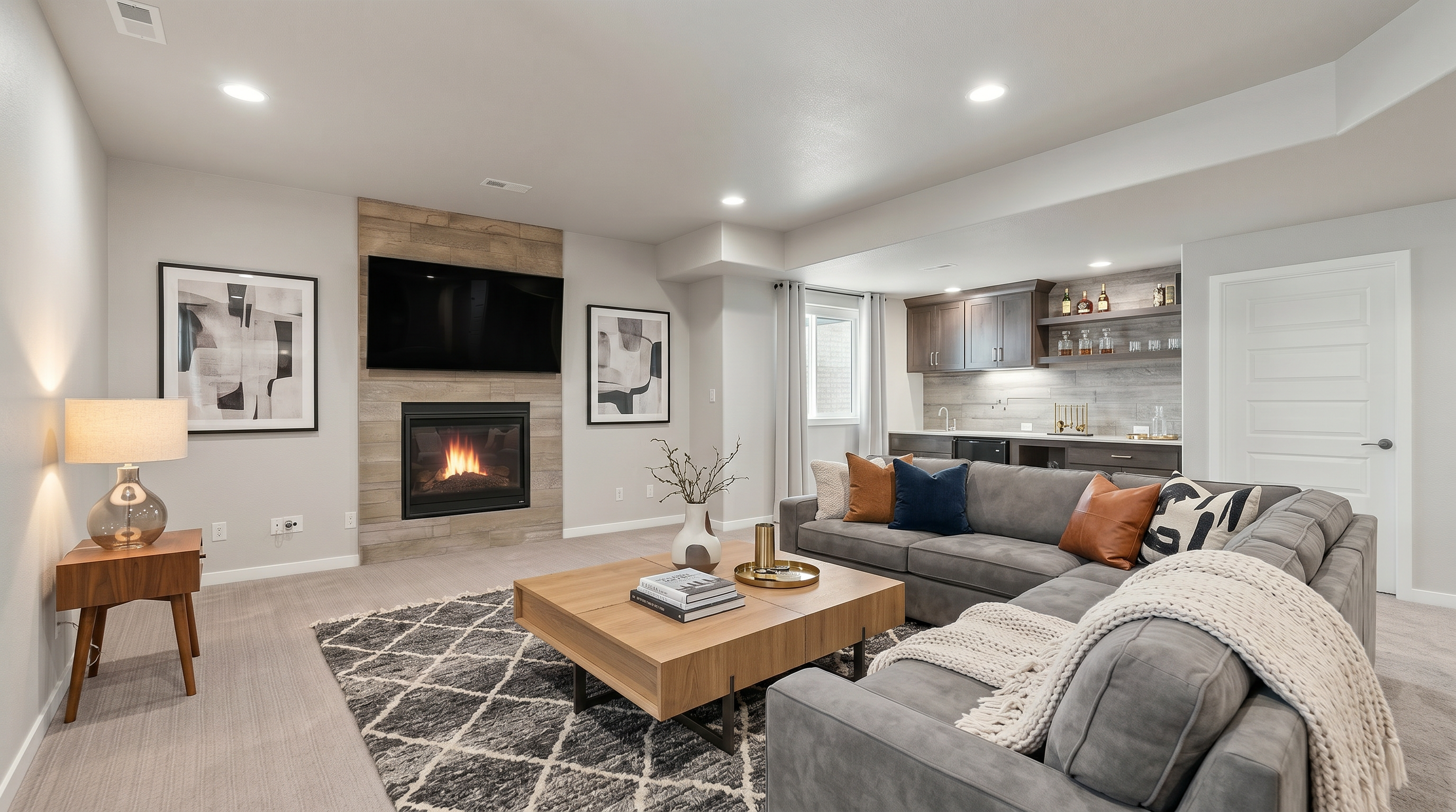 This spacious, finished basement features a comfortable living area complete with a cozy fireplace and a wall-mounted TV. A convenient kitchenette with dark cabinetry and tile backsplash adds functional appeal to the space. The room is further accented by neutral carpeting, recessed ceiling lighting, and a private staircase leading to the levels above.