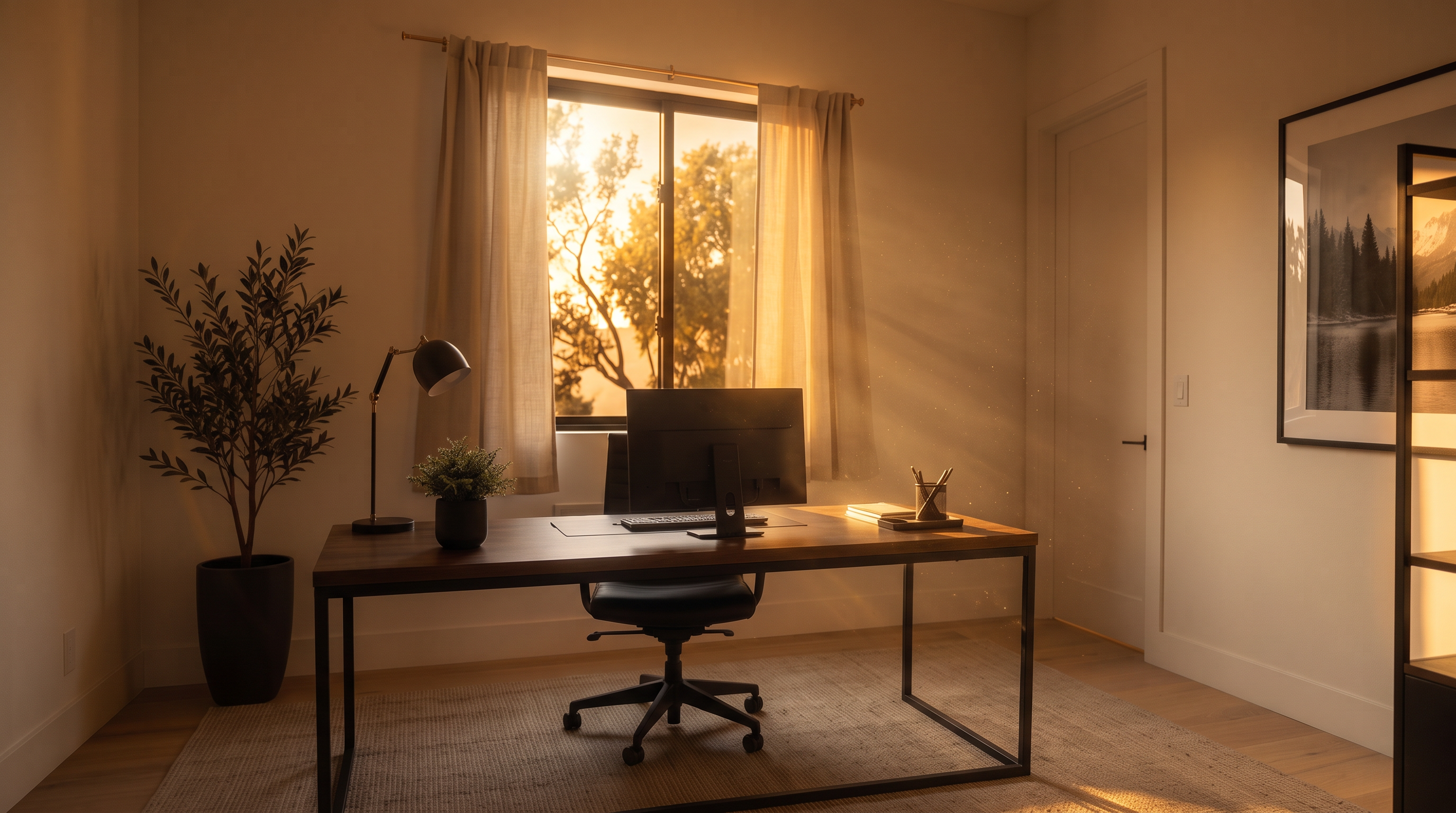 This bright and modern home office features light wood flooring, crisp white walls, and a large window dressed with neutral curtains. The room is furnished with a sleek desk featuring a dark metal frame and a wood-toned top, paired with an ergonomic office chair and a tall, open-shelving unit. A large area rug anchors the space, while a framed landscape print adds a touch of artistic detail to the minimalist aesthetic.