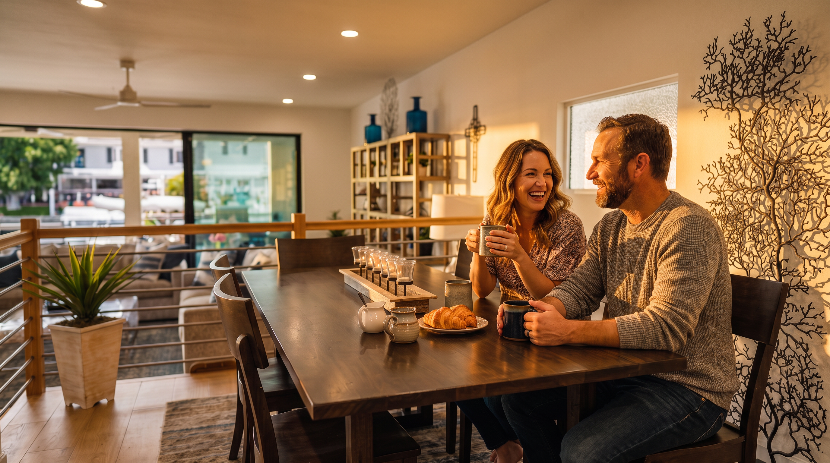 This open-concept dining area features a dark wood table surrounded by matching chairs, set atop a textured area rug on light wood flooring. A wooden railing separates the dining space from a sunken living room, which offers a view through large glass sliding doors to the exterior. The room is brightened by recessed lighting and accented with a decorative metal tree sculpture on the wall and a small frosted window.