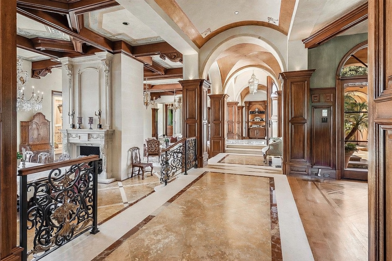 This grand foyer showcases an opulent design with intricate coffered ceilings, dark wood paneling, and polished stone flooring. A decorative wrought-iron railing overlooks a lower living area, while a series of arched openings leads the eye through a long, vaulted gallery. The space is characterized by its sophisticated architectural details, including ornate moldings and a prominent stone-clad fireplace surround.