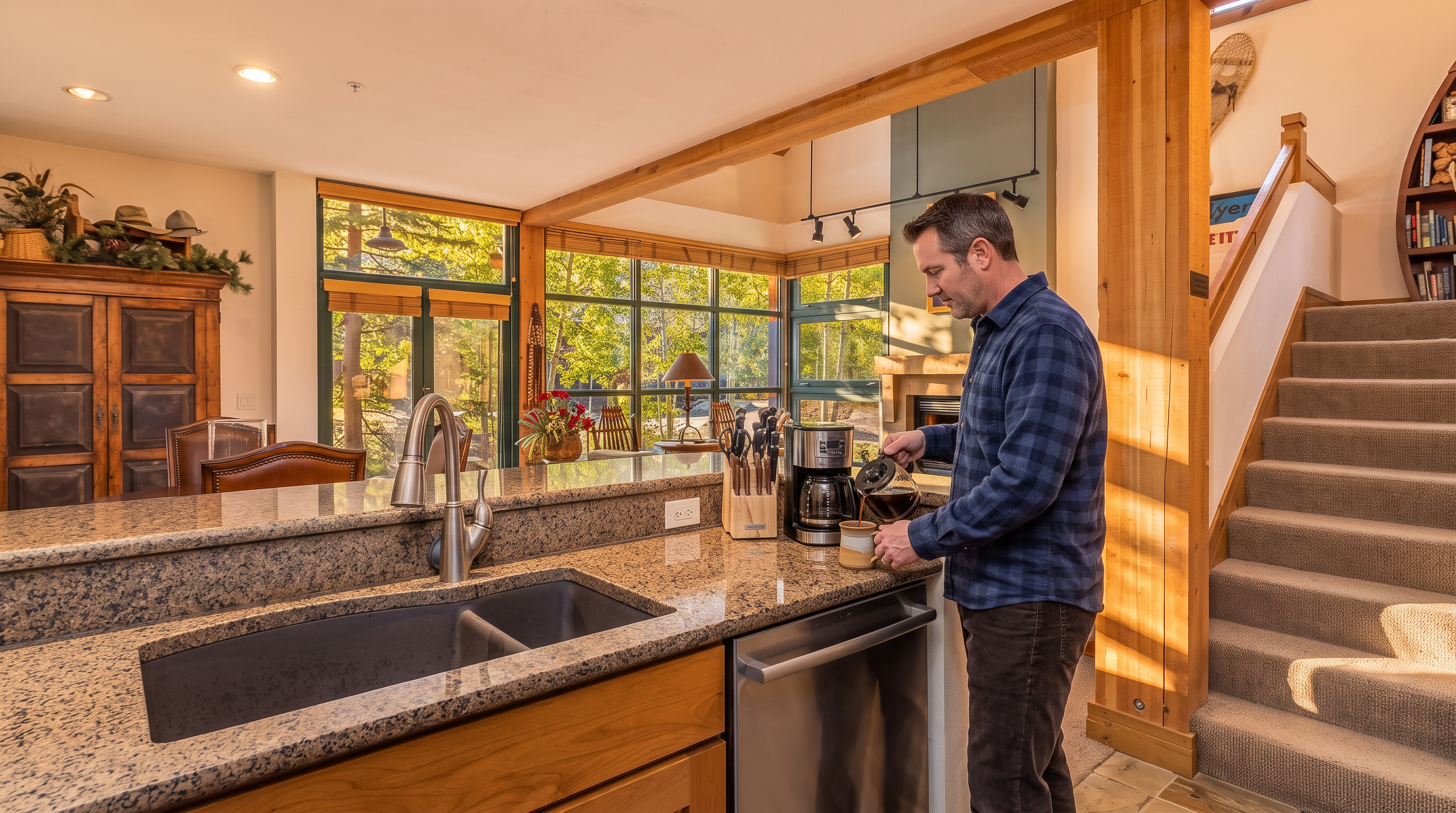 This view captures a warm, rustic-style kitchen that opens into a cozy living area featuring a stone-clad fireplace and large windows overlooking a wooded landscape. The kitchen is equipped with stone countertops, a double-basin sink, and stainless steel appliances, while a wooden staircase leads to an upper level nearby. The open-concept layout creates a seamless flow between the cooking space and the inviting living room, emphasizing a comfortable, mountain-lodge aesthetic.