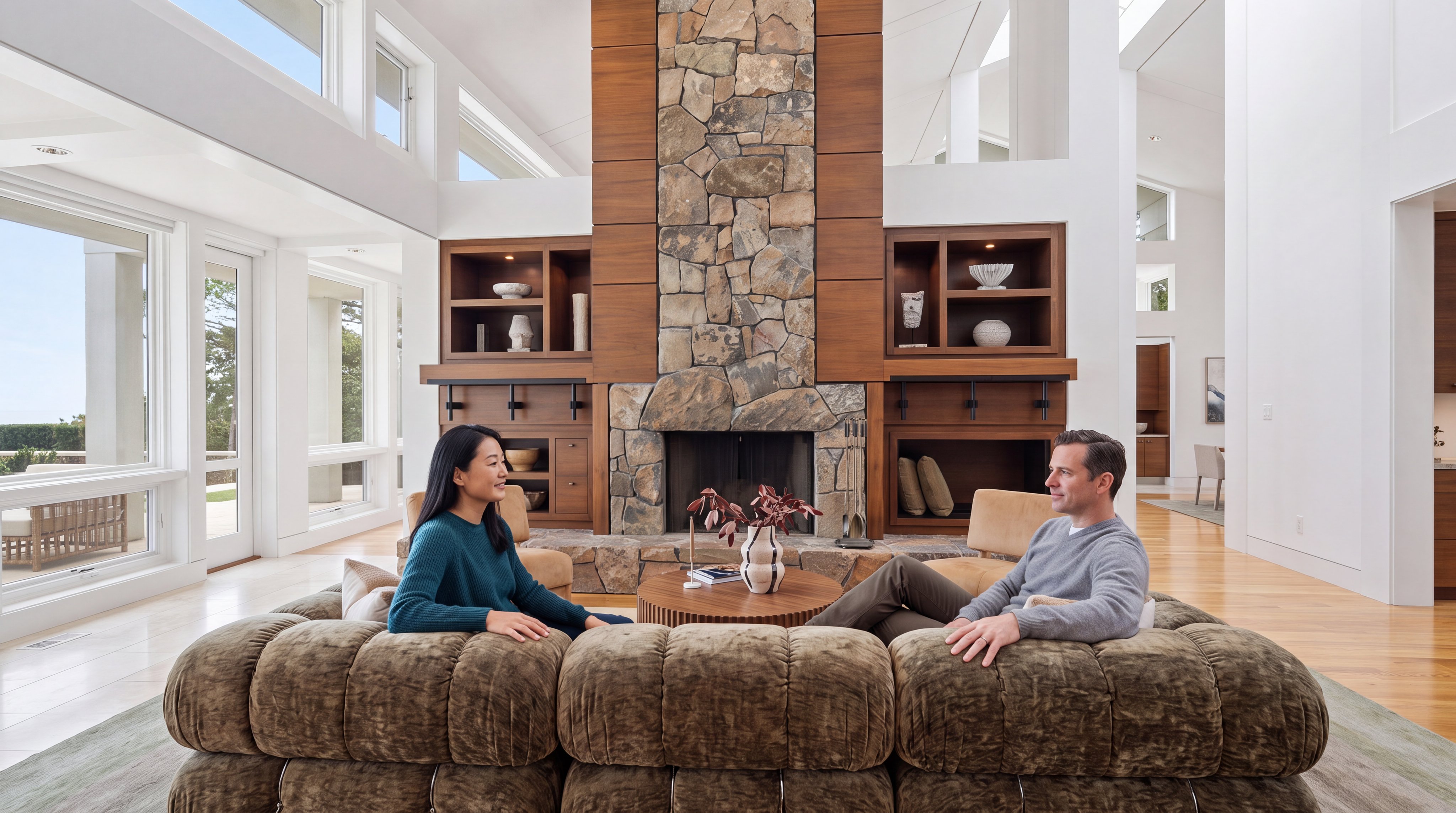 This spacious, high-ceilinged living room features a striking floor-to-ceiling stone fireplace as its central design element. The room includes built-in wooden shelving units, light hardwood flooring, and large windows that provide abundant natural light. A plush, segmented sofa and modern, neutral-toned chairs create an inviting and sophisticated atmosphere for relaxation and conversation.