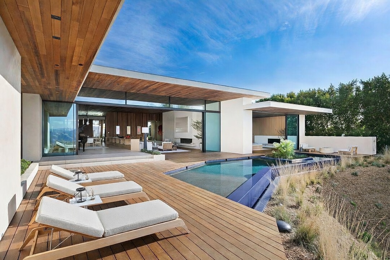 This stunning modern architectural residence features a seamless indoor-outdoor flow, highlighted by a spacious wooden deck with lounge chairs overlooking a sleek, geometric swimming pool. The expansive glass walls retract to reveal a sophisticated, open-concept interior, emphasizing a luxurious lifestyle and panoramic views. The clean lines, natural wood accents, and minimalist design create an atmosphere of refined elegance and tranquility.