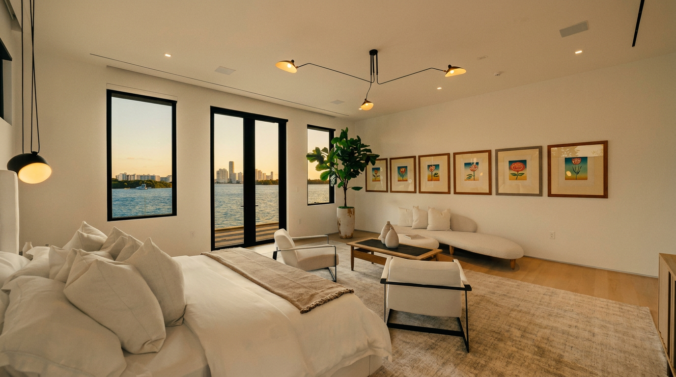 This expansive primary bedroom features a minimalist, modern aesthetic with a neutral color palette and light wood flooring. The room is anchored by a large bed and a seating area, complemented by a unique multi-arm pendant light fixture and a series of framed floral art pieces on the wall. Large windows and a glass door provide an unobstructed, panoramic view of the waterfront and city skyline, creating a bright and serene atmosphere.