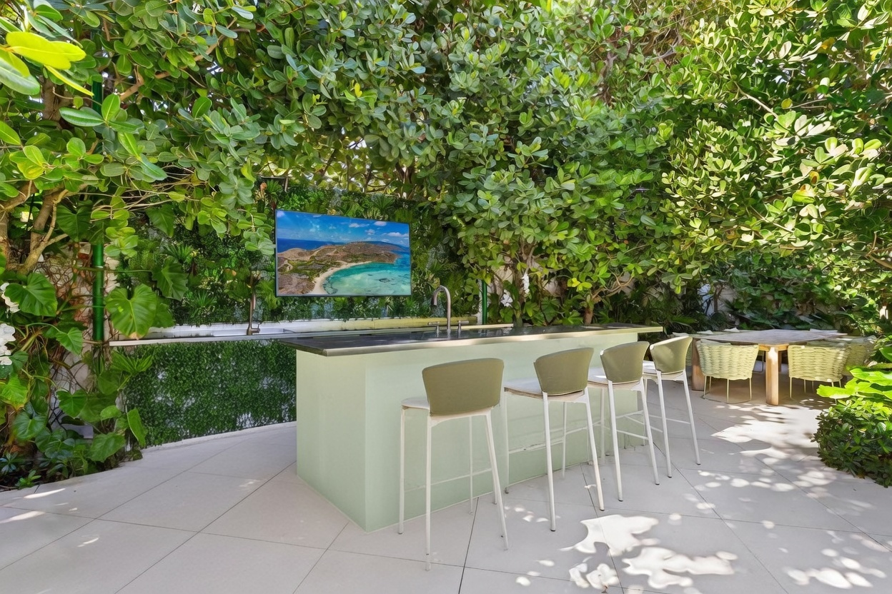 This outdoor entertainment area features a sleek, light green bar with a metallic countertop, equipped with a sink and a wall-mounted television. A row of modern, light-colored bar stools faces the bar, set against a lush backdrop of dense green foliage and a vertical garden wall. The space is paved with large, light-toned tiles, creating a bright and inviting atmosphere for outdoor gatherings.