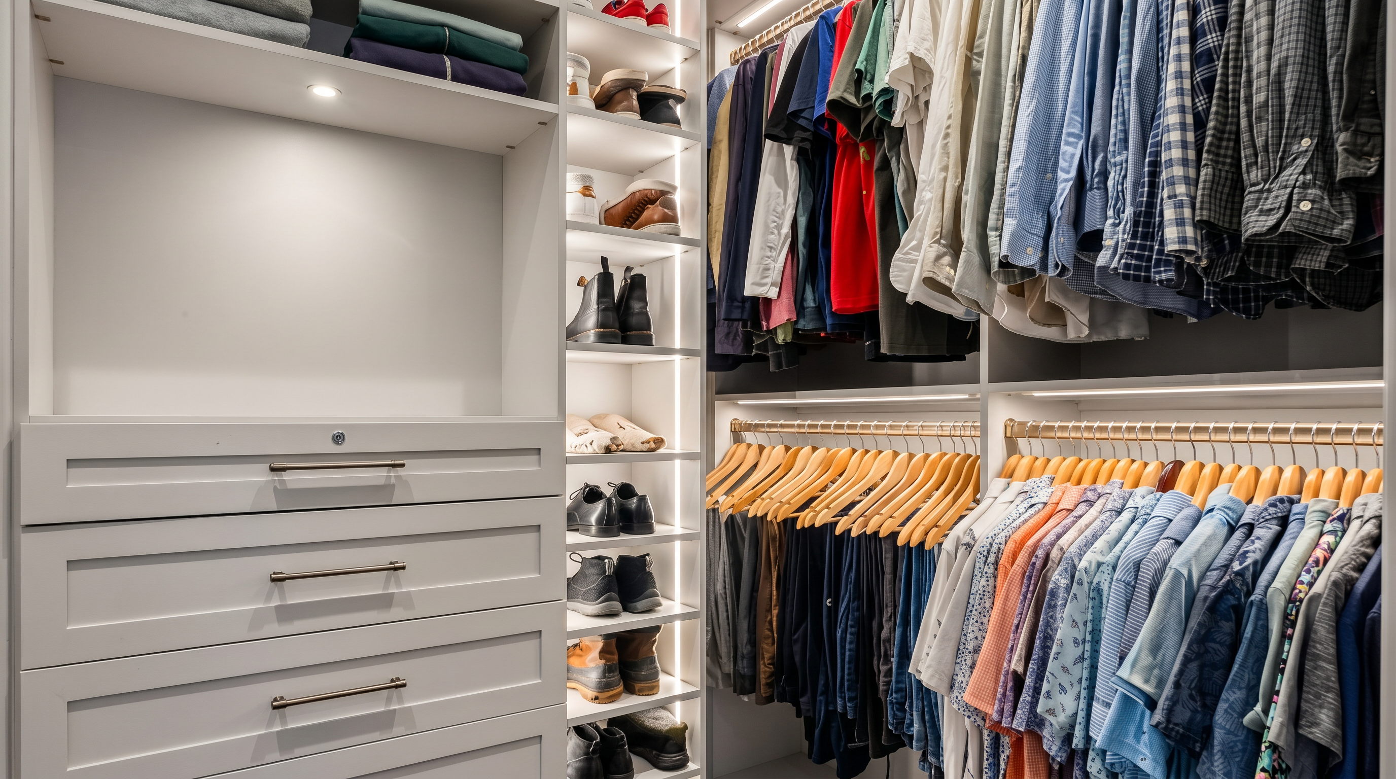 This organized walk-in closet features custom light-toned cabinetry with integrated LED lighting throughout the shelving and hanging rods. The space includes a dedicated vertical shoe rack, multiple drawers with modern hardware, and two levels of hanging storage for clothing. Dark wood flooring provides a rich contrast to the light cabinetry, creating a sophisticated and functional storage area.