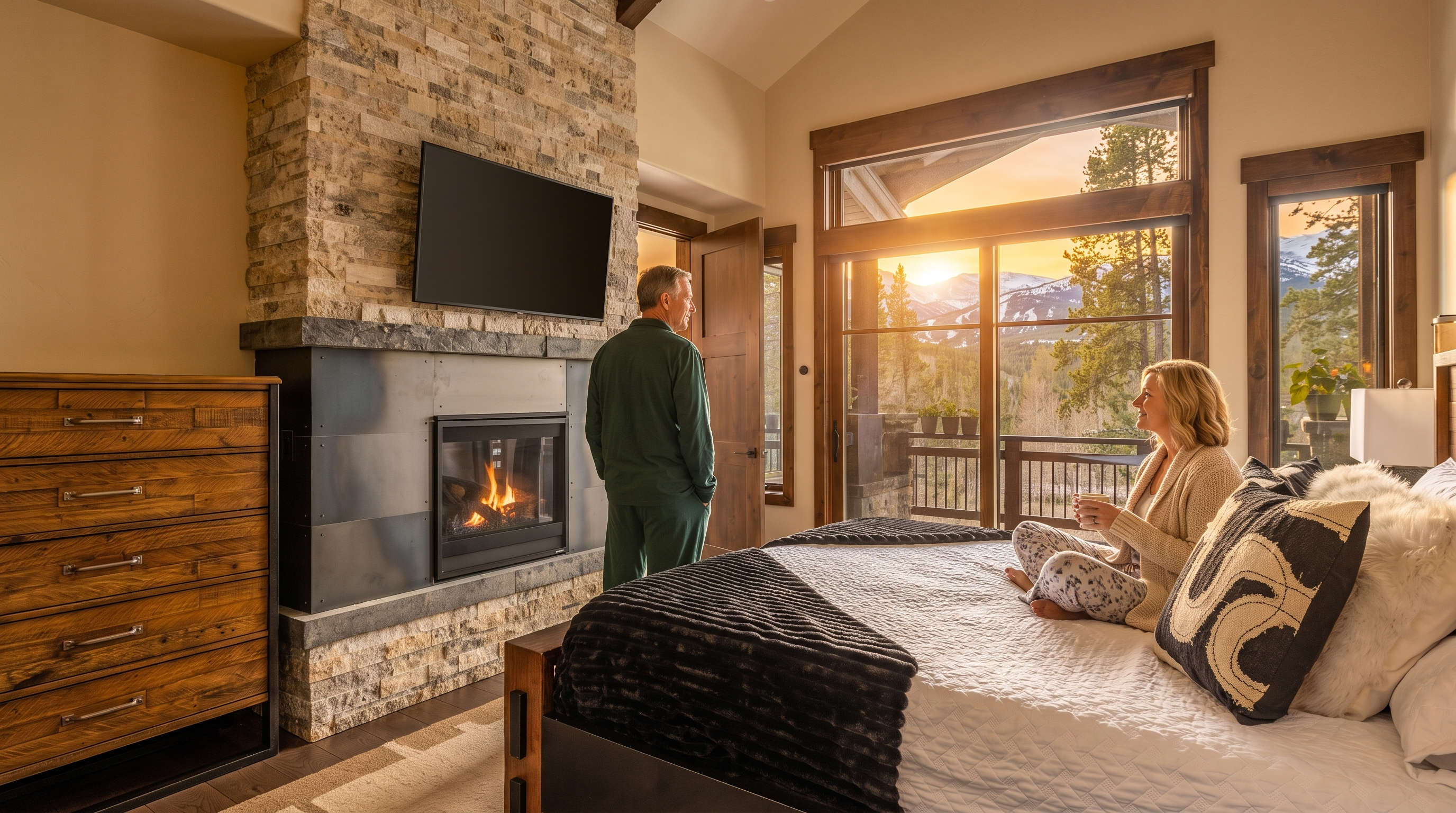 This primary bedroom features a rustic-modern aesthetic with a vaulted ceiling accented by exposed wooden beams. A prominent stone-clad chimney breast serves as the focal point, housing a built-in fireplace and a mounted television, while large windows provide expansive views of the surrounding mountains and forest. The room is furnished with a dark-toned bed frame and a matching wooden dresser, creating a cozy and sophisticated mountain retreat atmosphere.