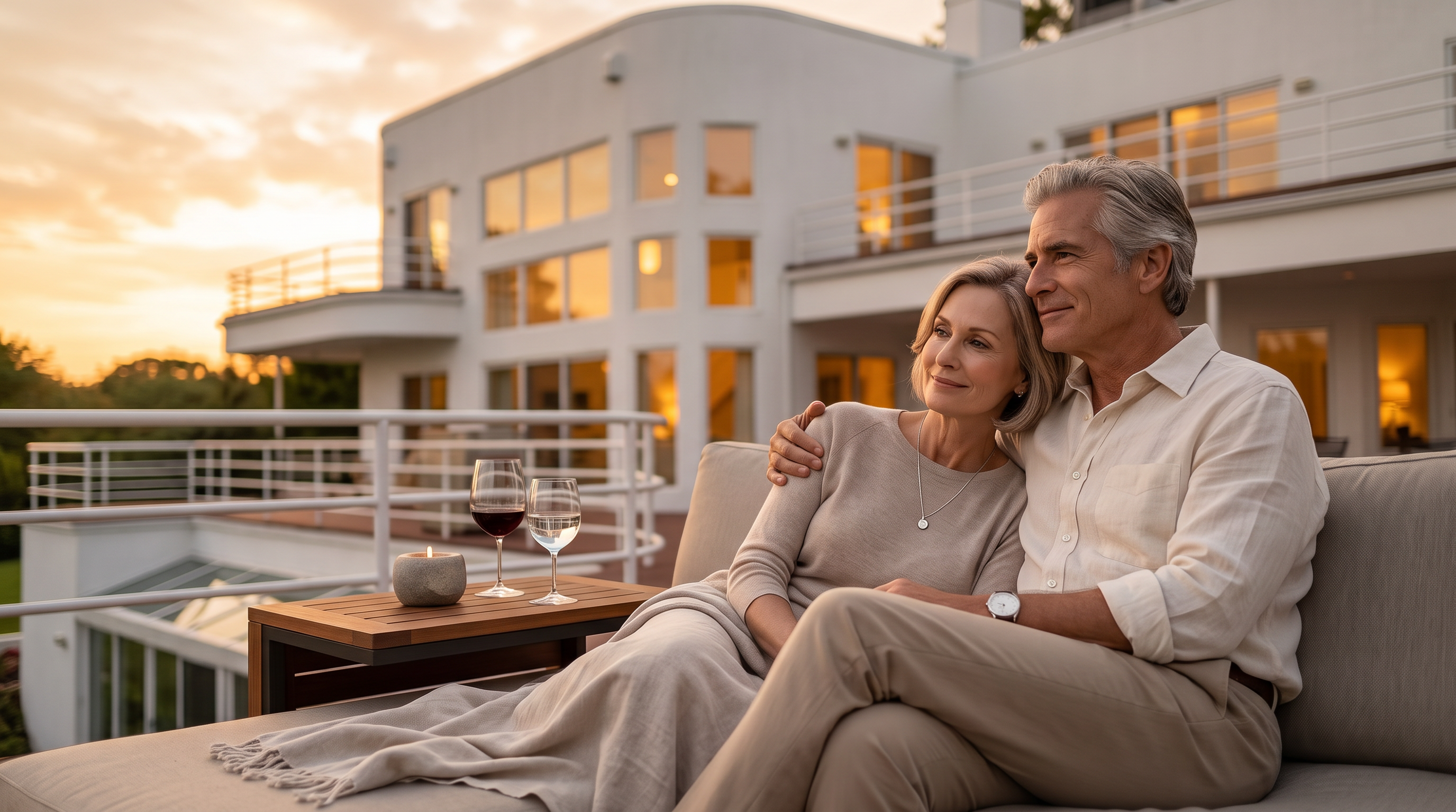 This stunning outdoor balcony space features a sophisticated, modern aesthetic highlighted by an elegant couple relaxing at sunset. The architectural design showcases smooth white curves, expansive windows, and clean lines, creating a bright and airy atmosphere. The setting provides a luxurious, tranquil view, making it an ideal space for upscale entertaining or quiet evening enjoyment.