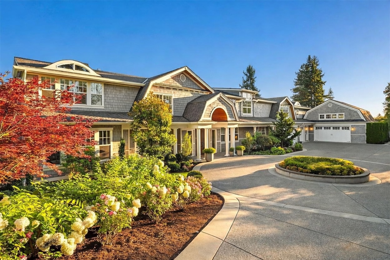 This grand, multi-gabled estate features classic shingle-style architecture with a sprawling, light-gray facade and a prominent arched entryway. A circular concrete driveway leads to the home, centered around a decorative stone fountain, while lush landscaping with vibrant red foliage and white hydrangeas frames the foreground. The scene is captured from a low-angle perspective on a clear, sunny day, emphasizing the home's expansive scale and elegant curb appeal.
