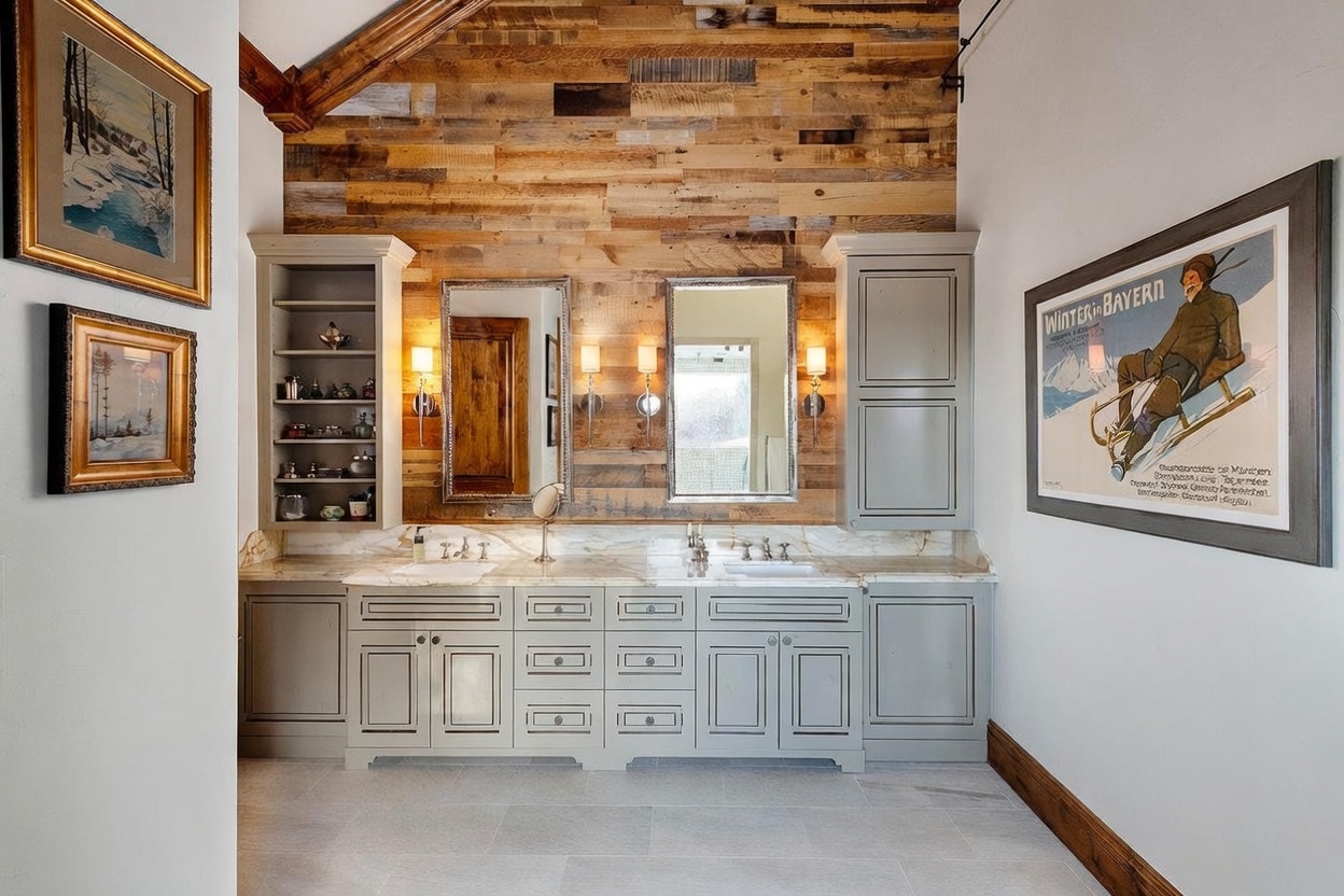This primary bathroom features a double vanity with light-toned cabinetry and a stone countertop, set against a striking accent wall of horizontal wood planks. The space is illuminated by wall-mounted sconces flanking two rectangular mirrors, while a large vintage-style winter sports poster adds a unique decorative touch to the right wall. The room is finished with light-colored floor tiles and a vaulted ceiling, creating a rustic yet refined mountain-inspired aesthetic.