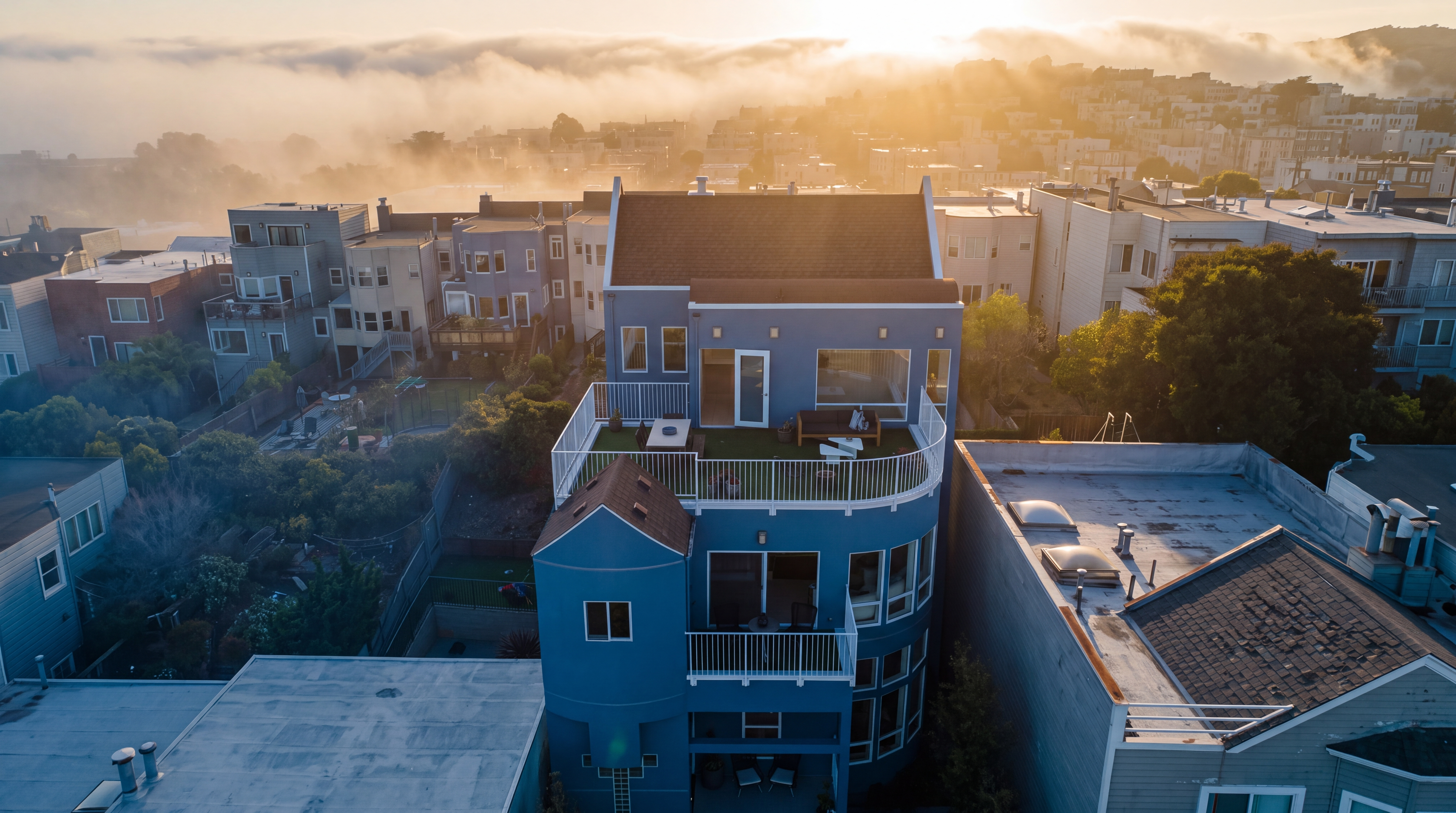 This aerial perspective captures the rear of a multi-level blue home, showcasing a spacious rooftop deck with artificial turf, outdoor seating, and a dining area. The structure features a unique curved architectural design, multiple balconies, and large windows that provide a clear view into the living spaces. The property is nestled in a dense urban neighborhood, with a small backyard area and neighboring homes visible in the background.