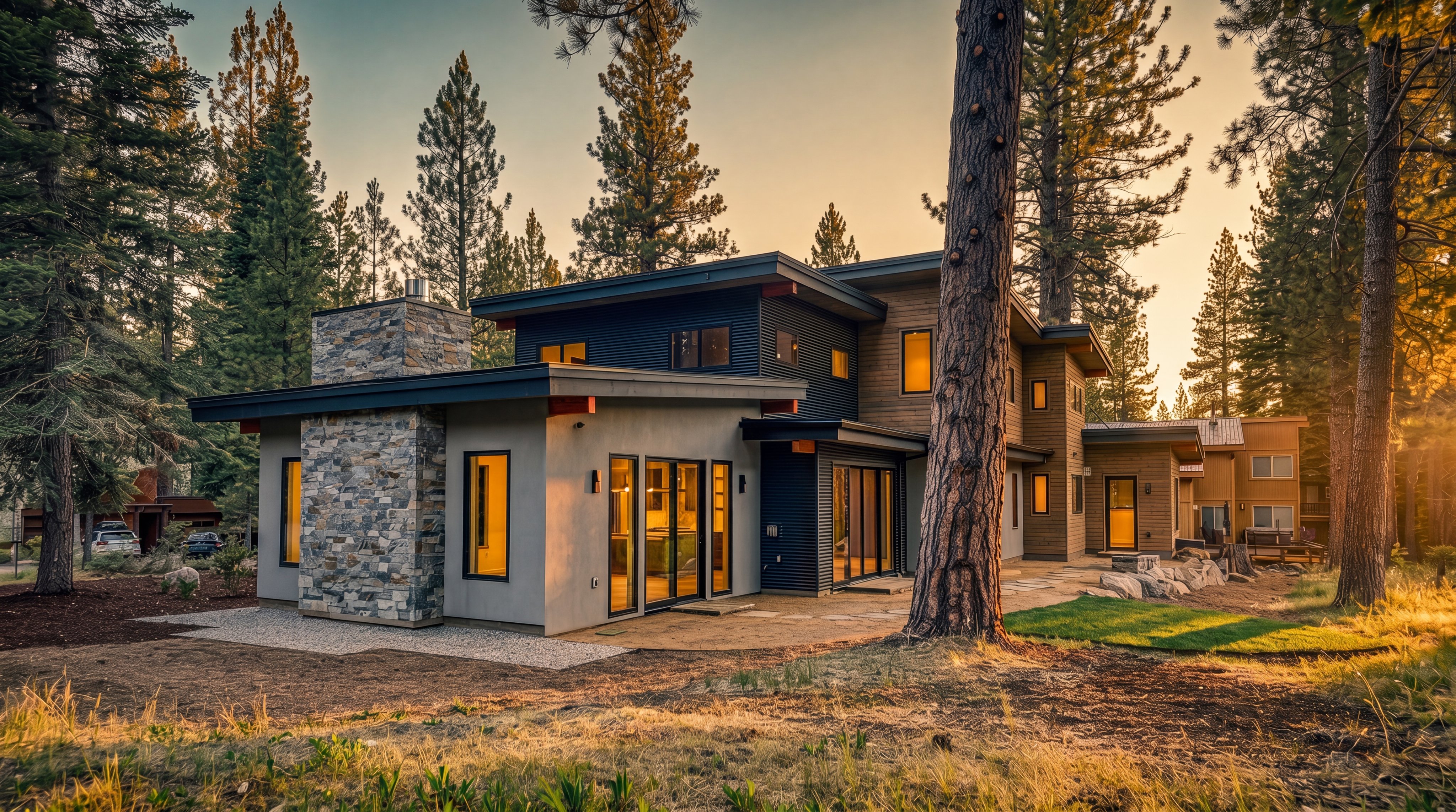 This modern mountain retreat features a striking architectural design that blends contemporary aesthetic with natural surroundings through the use of stone masonry, corrugated metal siding, and warm wood accents. The property offers substantial outdoor living space, including a stone patio perfect for entertaining, and is nestled among towering pine trees which create a serene and private atmosphere. Illuminated windows and soft golden-hour lighting highlight the inviting and high-end feel of the residence.