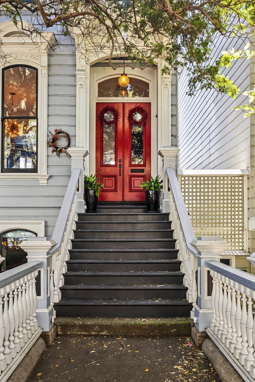 This charming Victorian-style entryway features a vibrant red double door accented with festive wreaths, set against light blue siding. A set of dark-painted wooden stairs leads up to the entrance, flanked by white railings and potted greenery on either side. The perspective is a straight-on, eye-level shot that highlights the architectural character and welcoming curb appeal of the home.