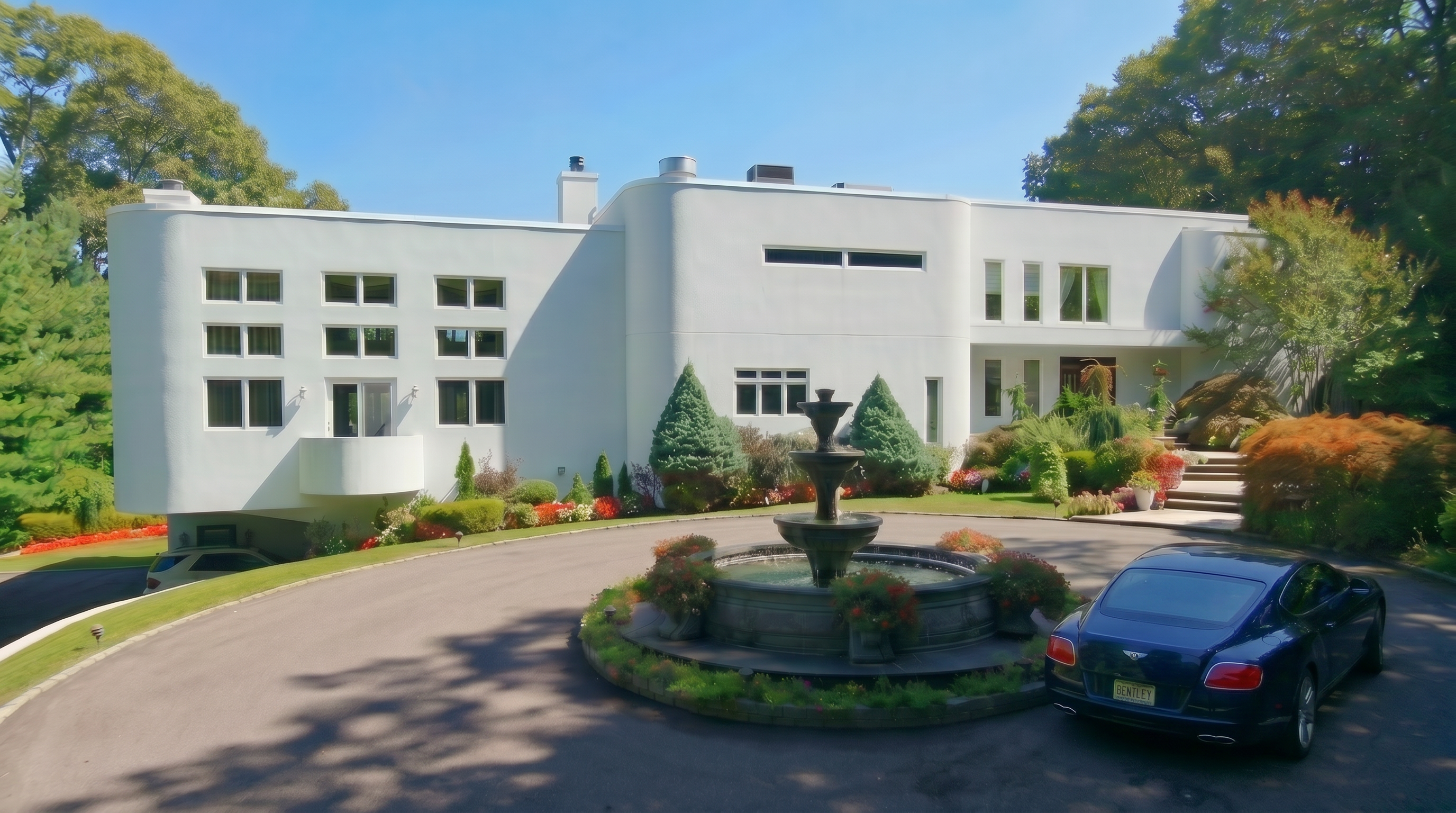 This striking Art Deco-inspired residence features a smooth, white stucco facade with distinctive curved architectural lines and a multi-level design. A grand circular driveway centers around an ornate stone fountain, leading to a welcoming entryway framed by lush landscaping and mature trees. The property exudes a sense of sophisticated elegance and architectural uniqueness, perfectly complemented by the clear blue sky.