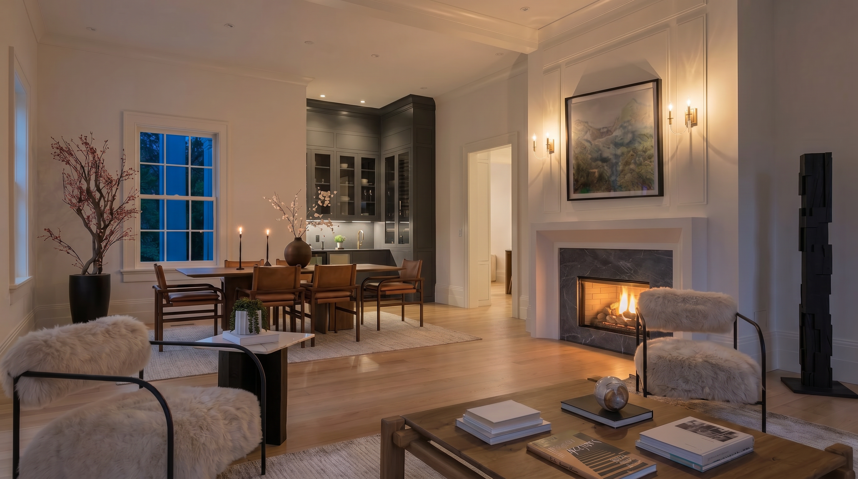 This bright and airy open-concept living and dining space features light wood flooring and a neutral color palette. The living area is anchored by a stone-clad fireplace surround and two plush, textured armchairs facing a wooden coffee table, while the dining area in the background showcases a dark cabinetry wall and a sleek table with leather chairs. The perspective is from the living room looking toward the dining area, emphasizing the spacious, sophisticated flow of the home.